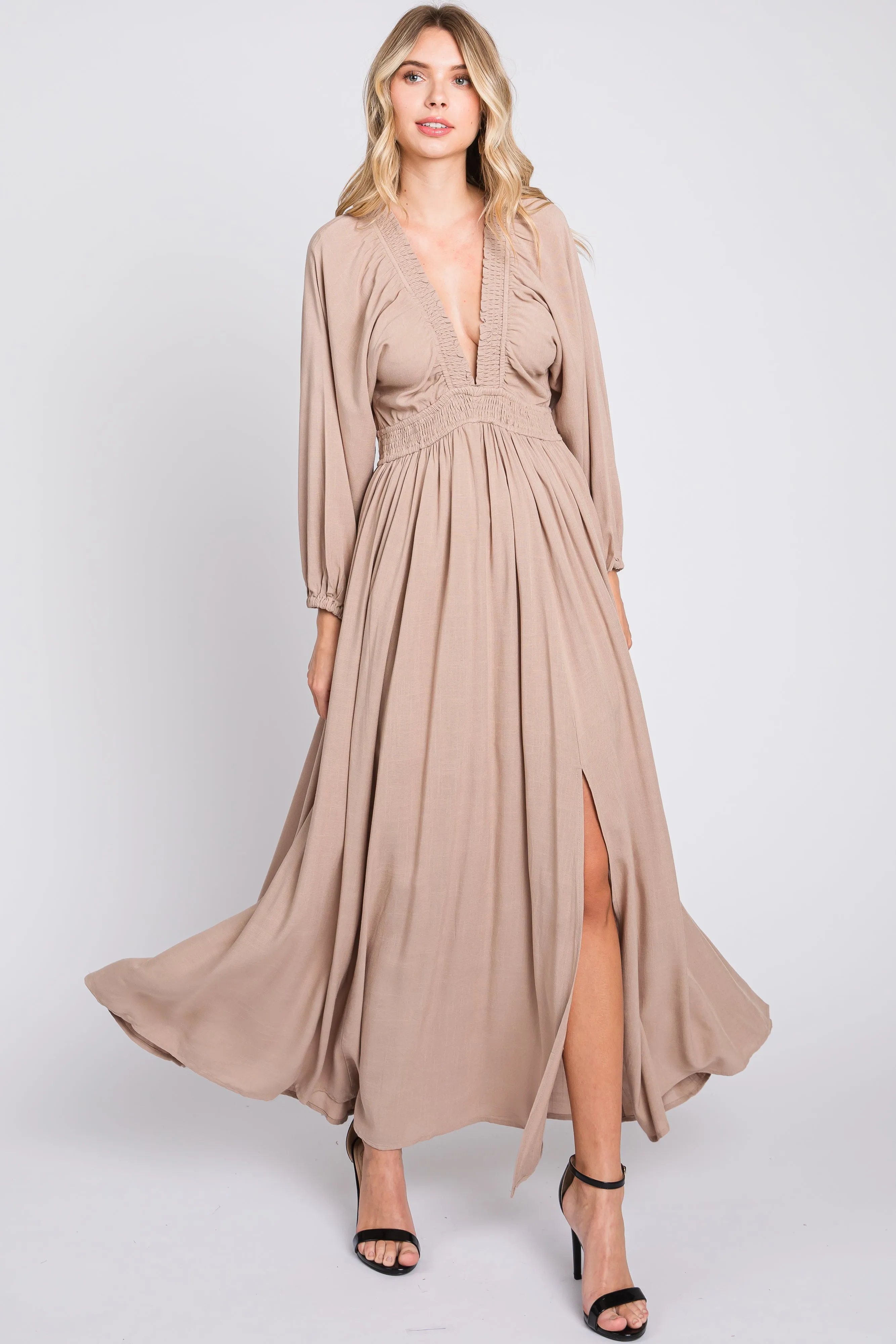 Beige Deep V-Neck Smocked Waist Maxi Dress sold by Pinkblush