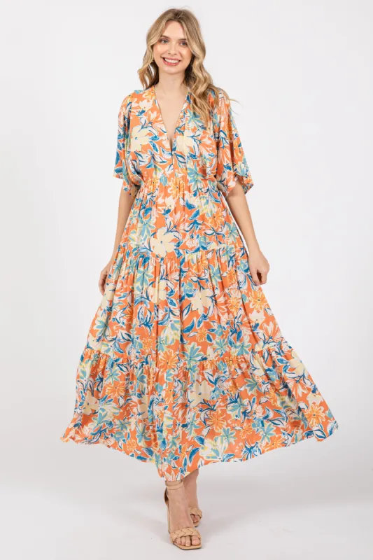 Peach Floral Dolman Sleeve Tiered Dress sold by Pinkblush