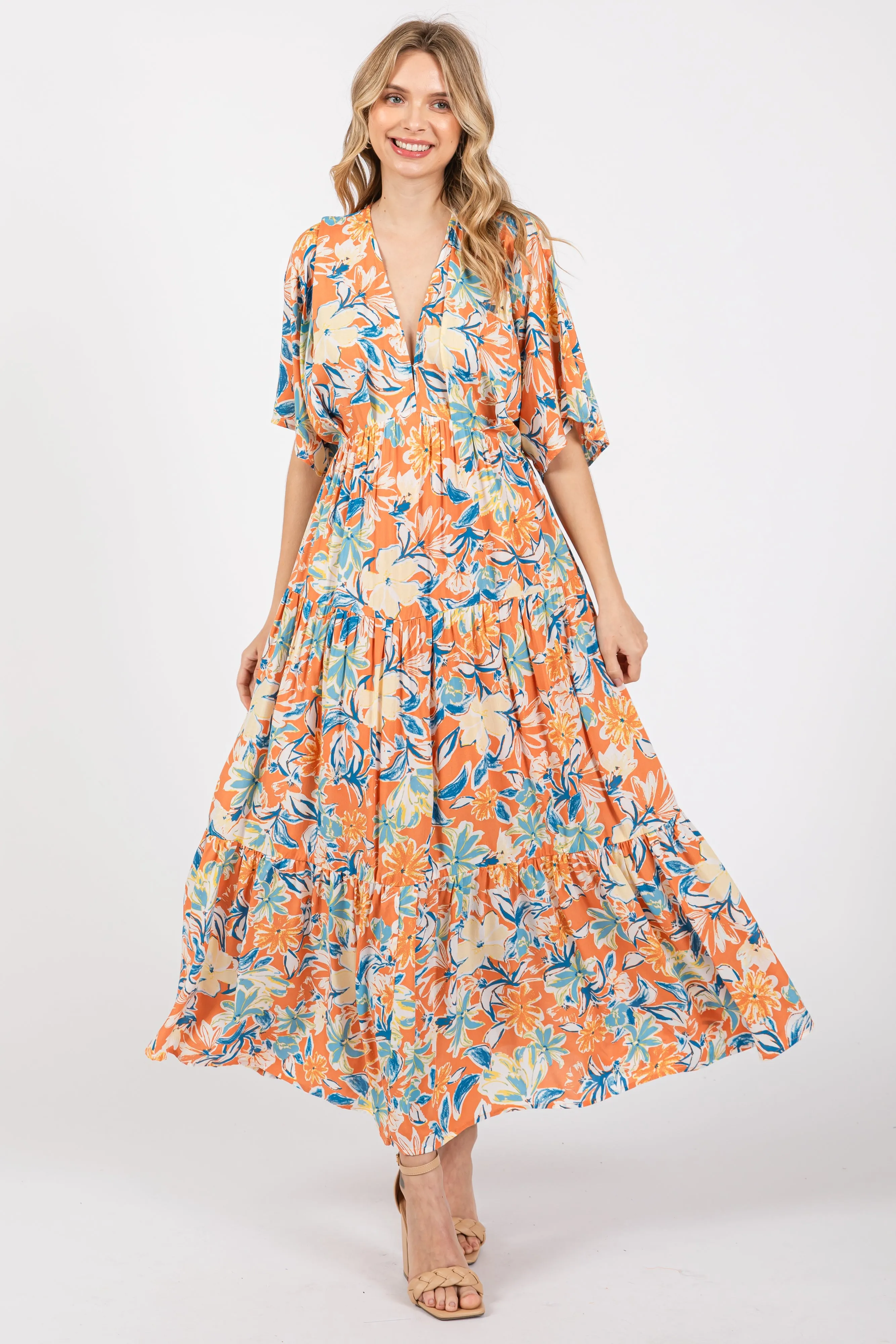 Peach Floral Dolman Sleeve Tiered Dress sold by Pinkblush