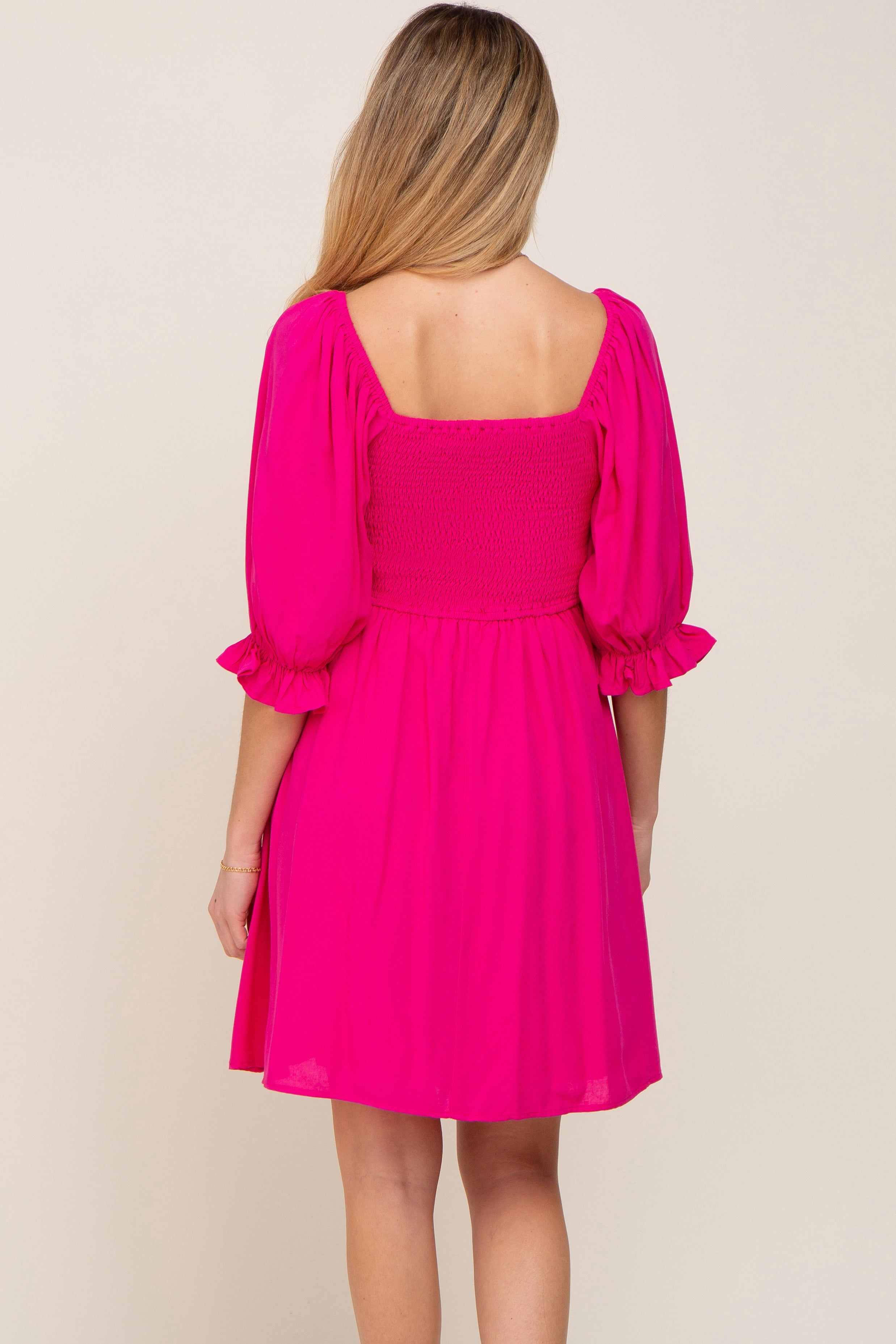 Fuchsia Smocked Puff Sleeve Maternity Dress sold by Pinkblush product image thumbnail 3