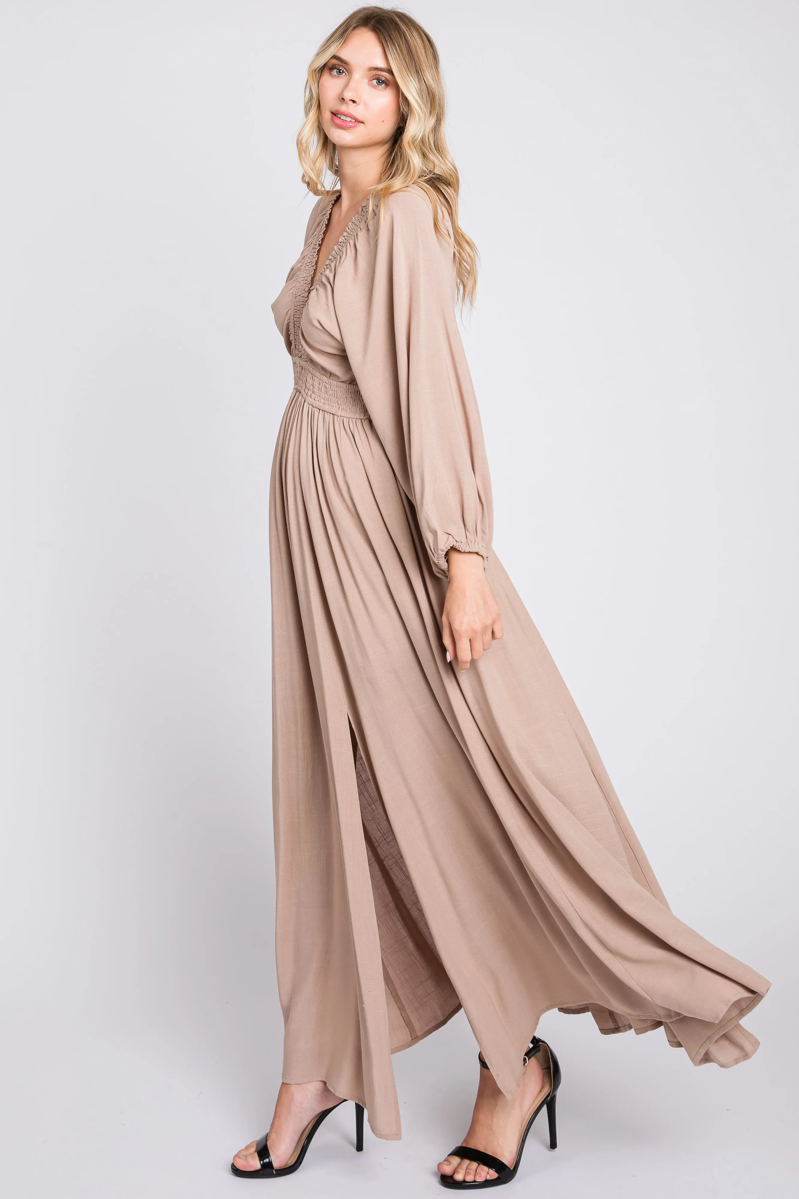 Beige Deep V-Neck Smocked Waist Maxi Dress sold by Pinkblush product image thumbnail 2