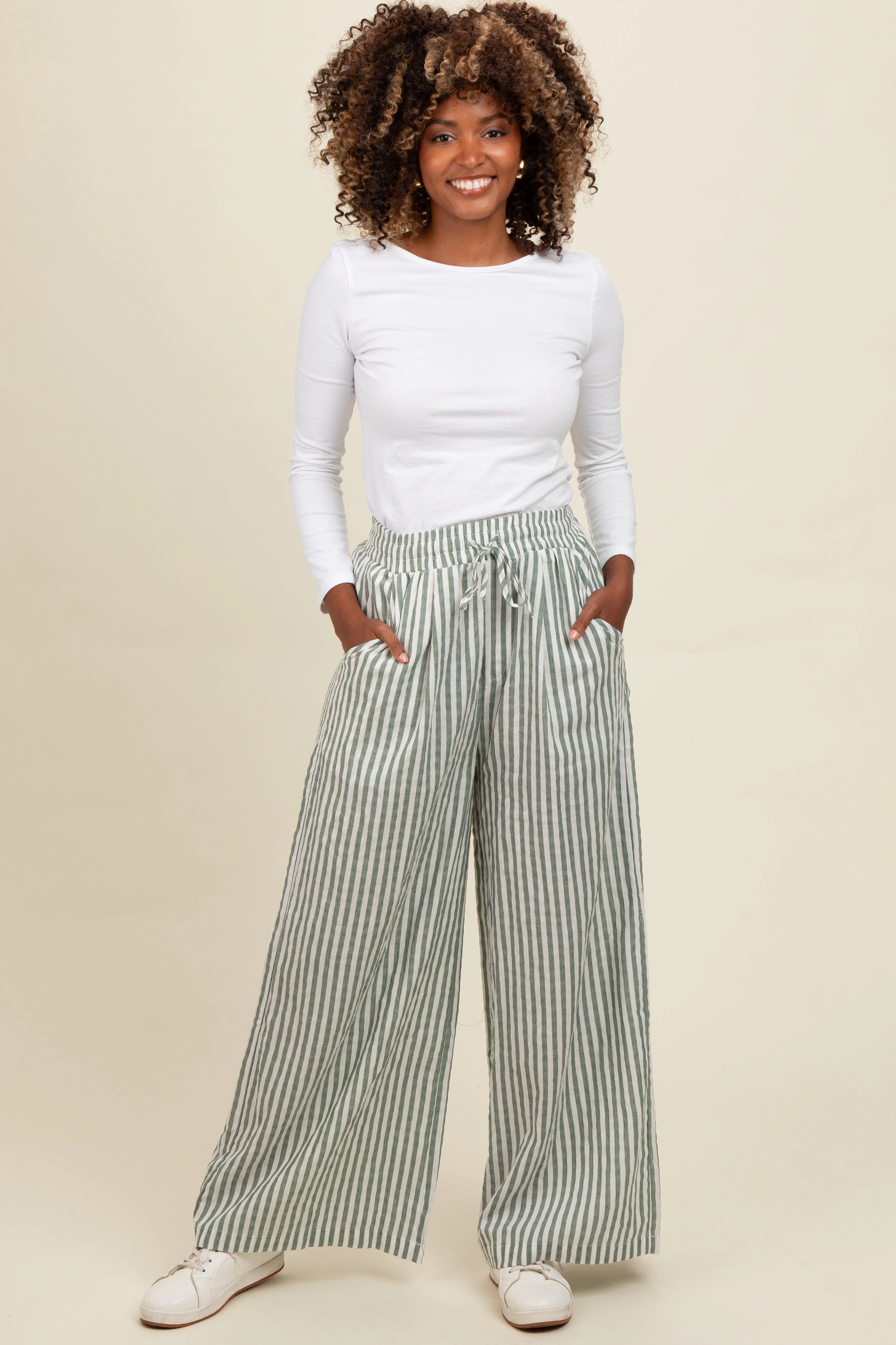 Light Olive Striped Wide Leg Pants sold by Pinkblush