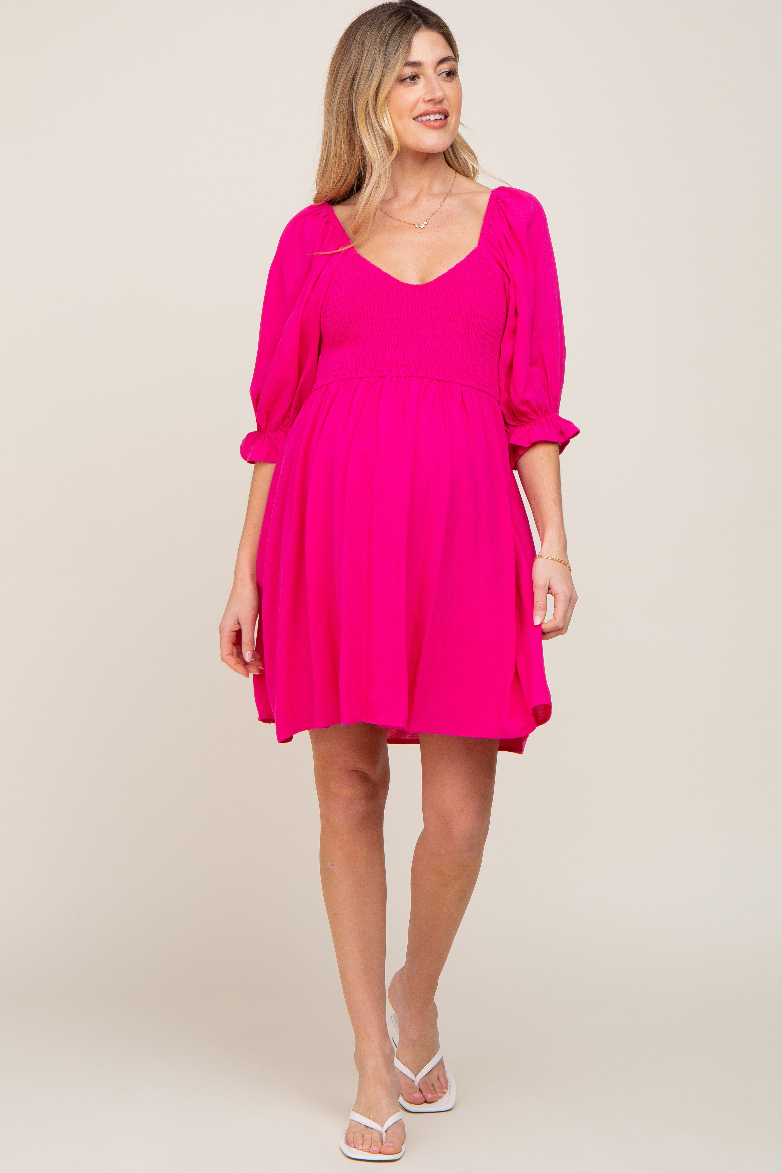 Fuchsia Smocked Puff Sleeve Maternity Dress sold by Pinkblush product image thumbnail 4