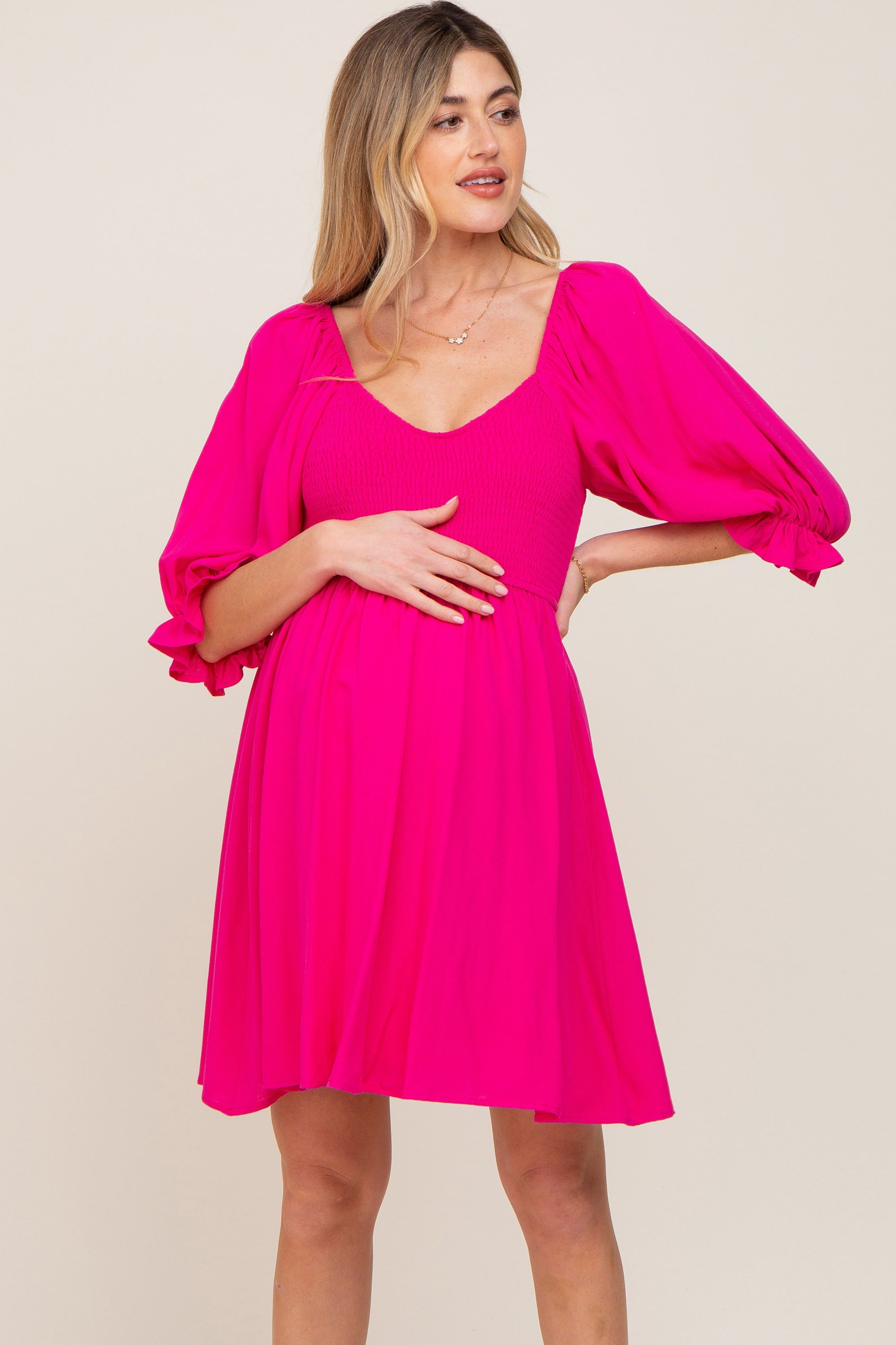 Fuchsia Smocked Puff Sleeve Maternity Dress sold by Pinkblush