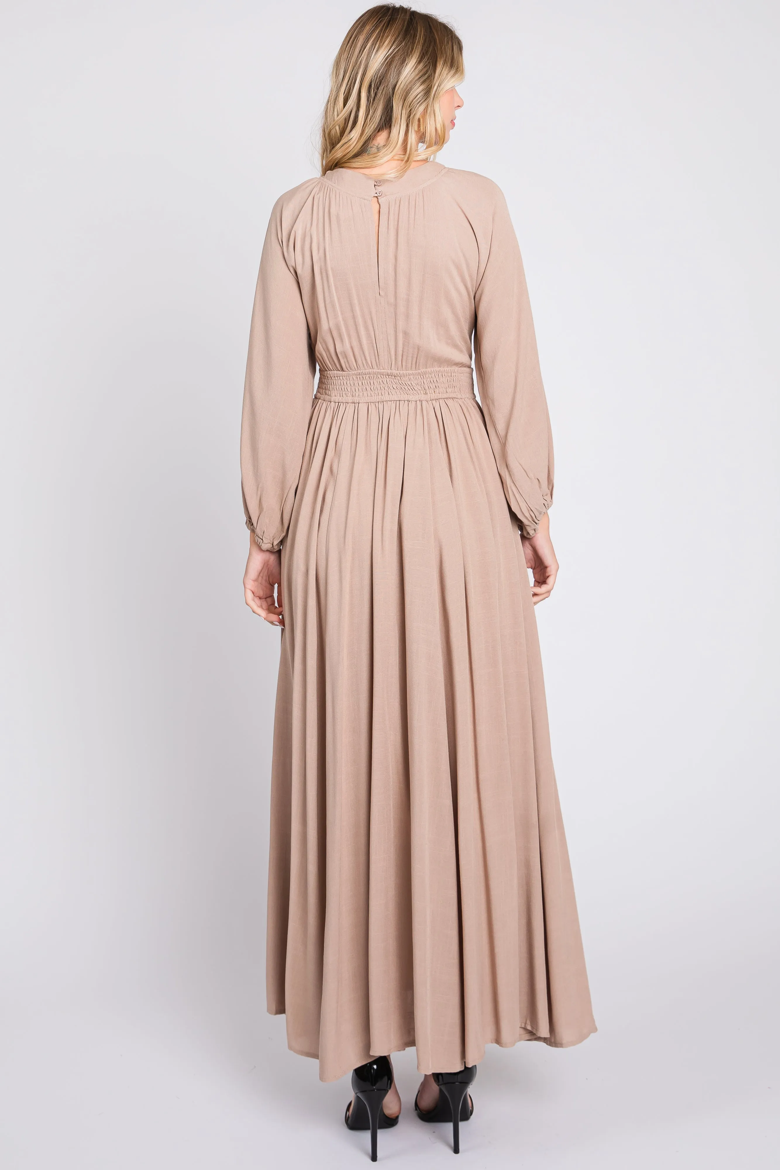 Beige Deep V-Neck Smocked Waist Maxi Dress sold by Pinkblush product image thumbnail 3
