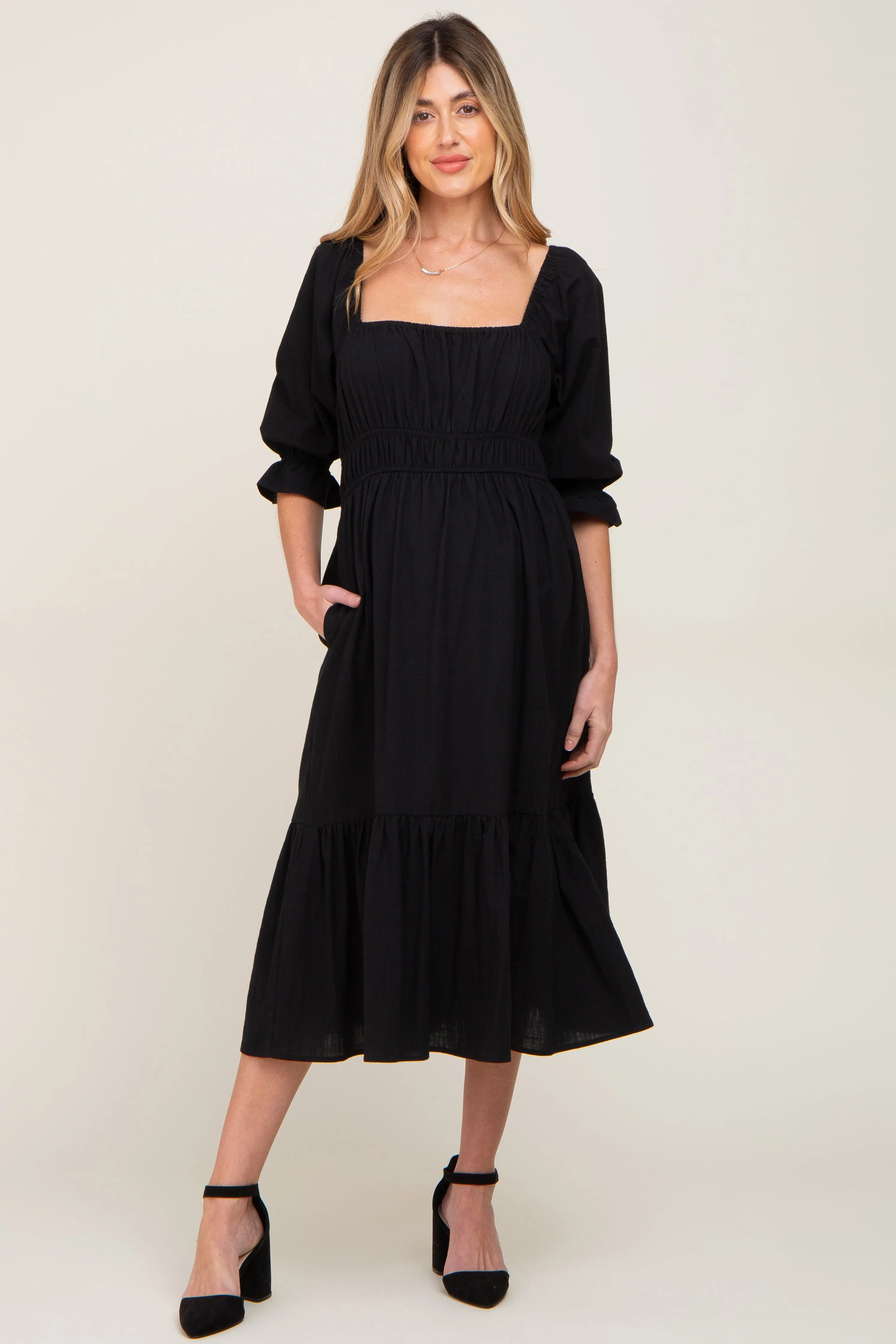 Black Ruffle Strappy Open Back Maternity Midi Dress sold by Pinkblush