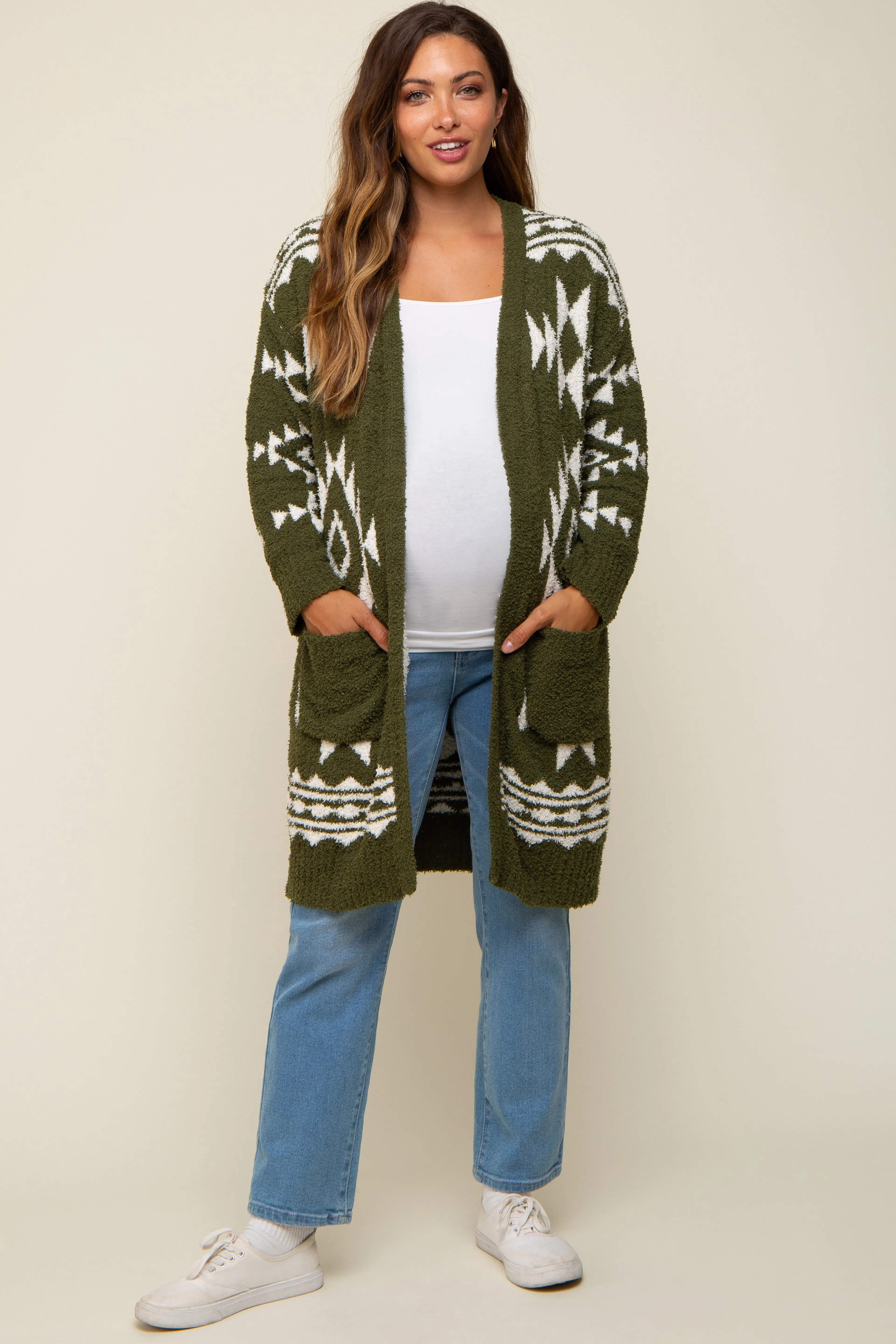 Olive Print Fuzzy Maternity Cardigan sold by Pinkblush