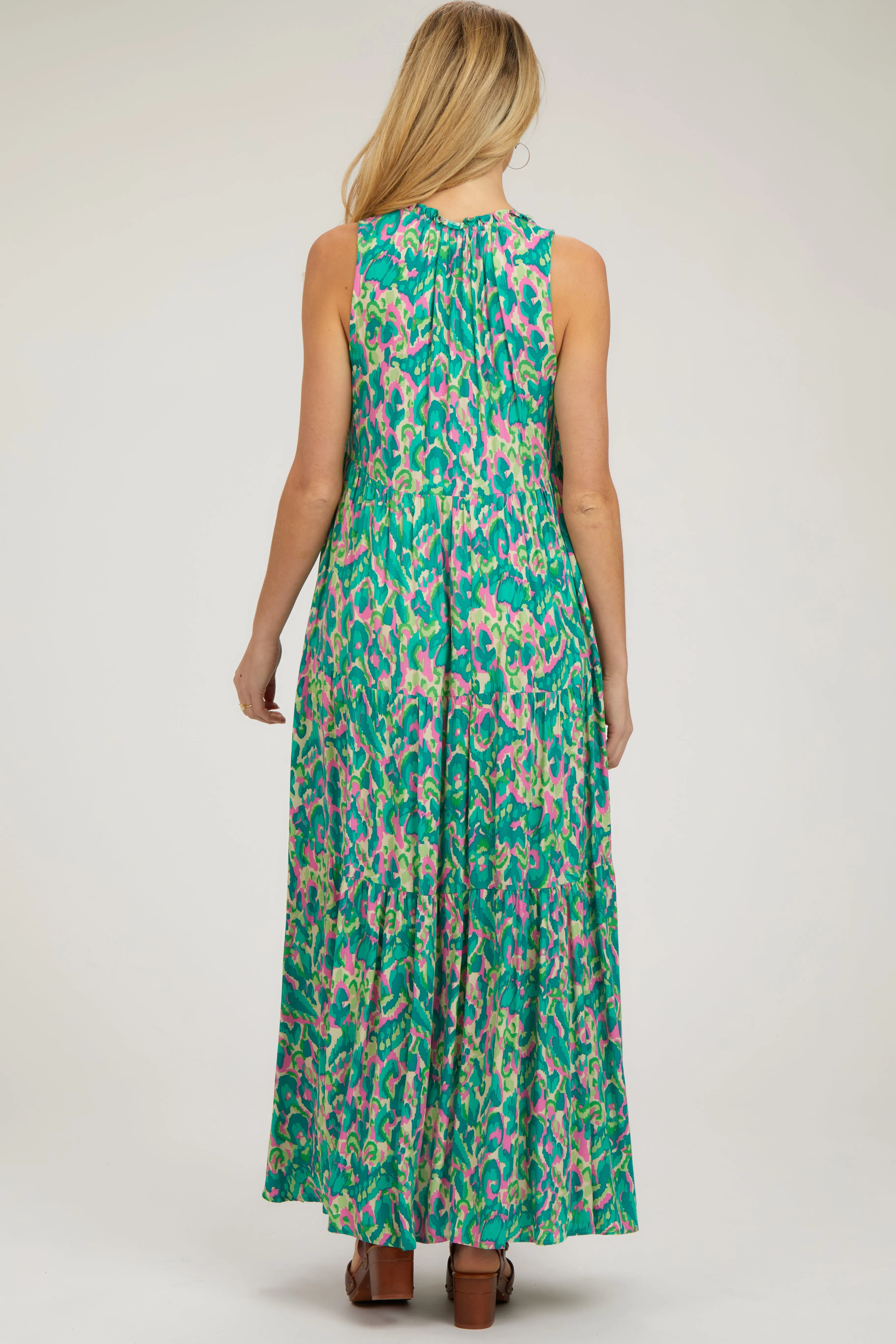 Green Sleeveless V-Neck Ruffle Neck Tiered Maternity Maxi Dress sold by Pinkblush product image thumbnail 3