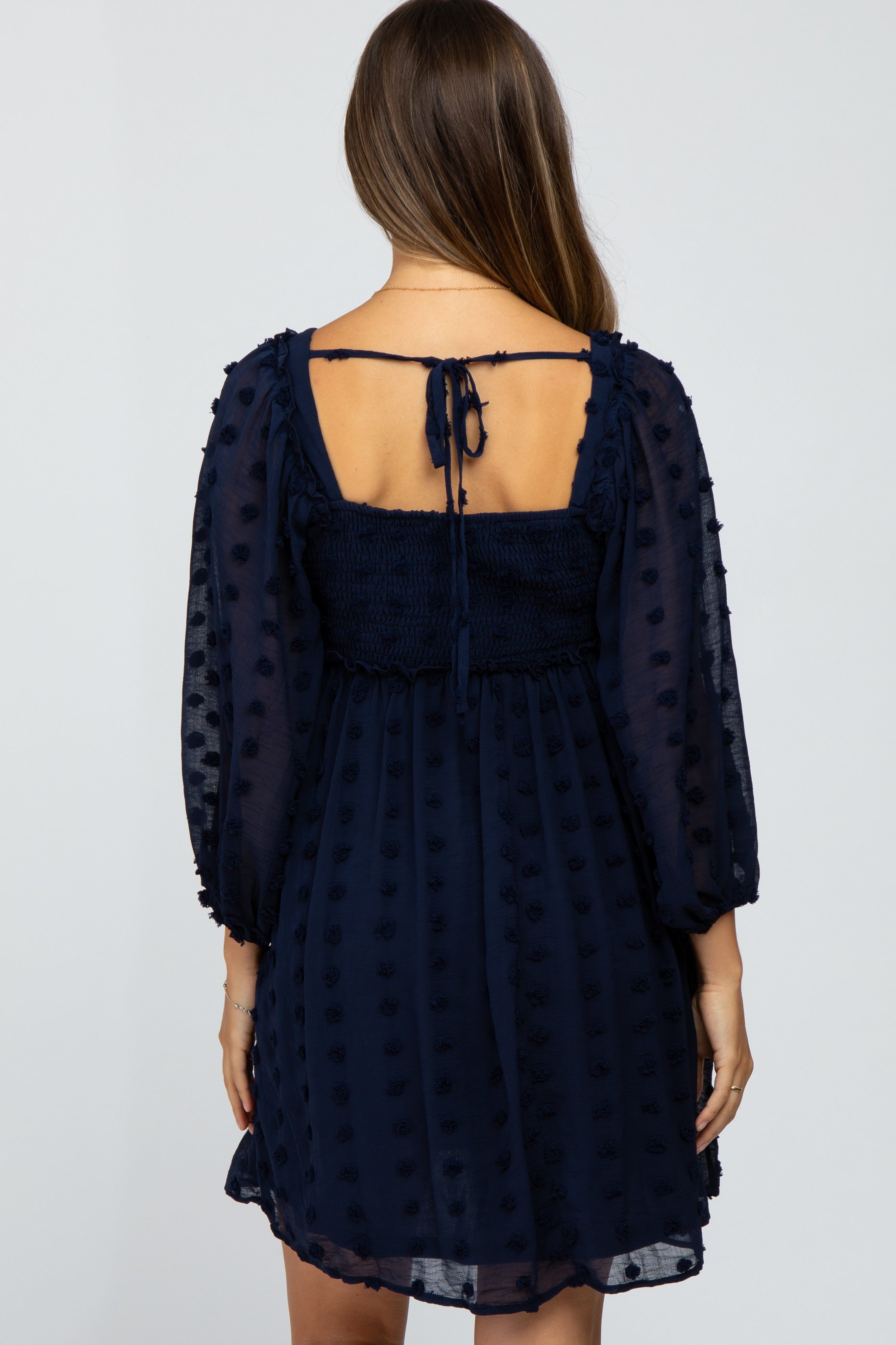 Navy Textured Dot Smocked Square Neck Chiffon Maternity Dress sold by Pinkblush product image thumbnail 3