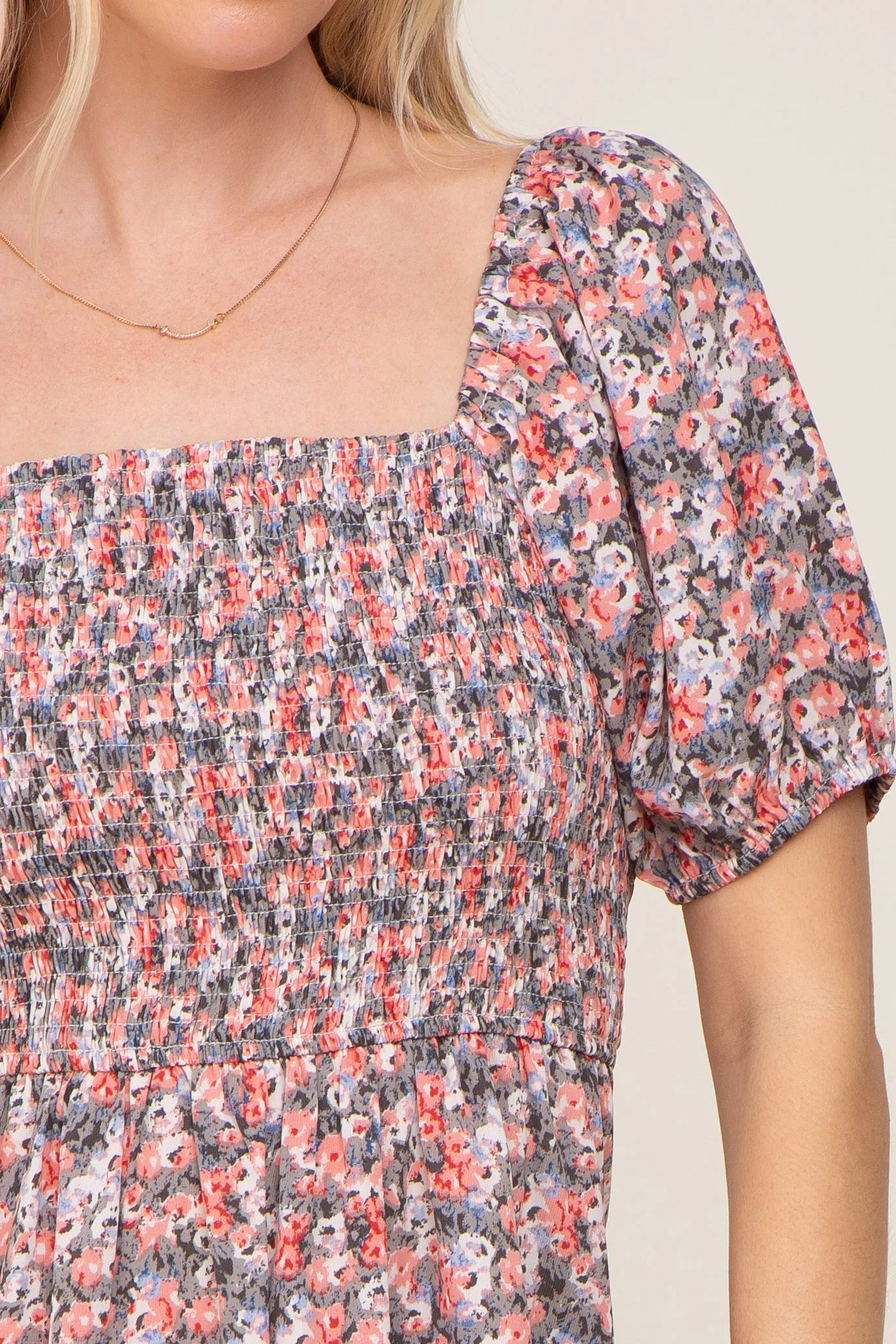 Coral Abstract Floral Smocked Midi Dress sold by Pinkblush product image thumbnail 4