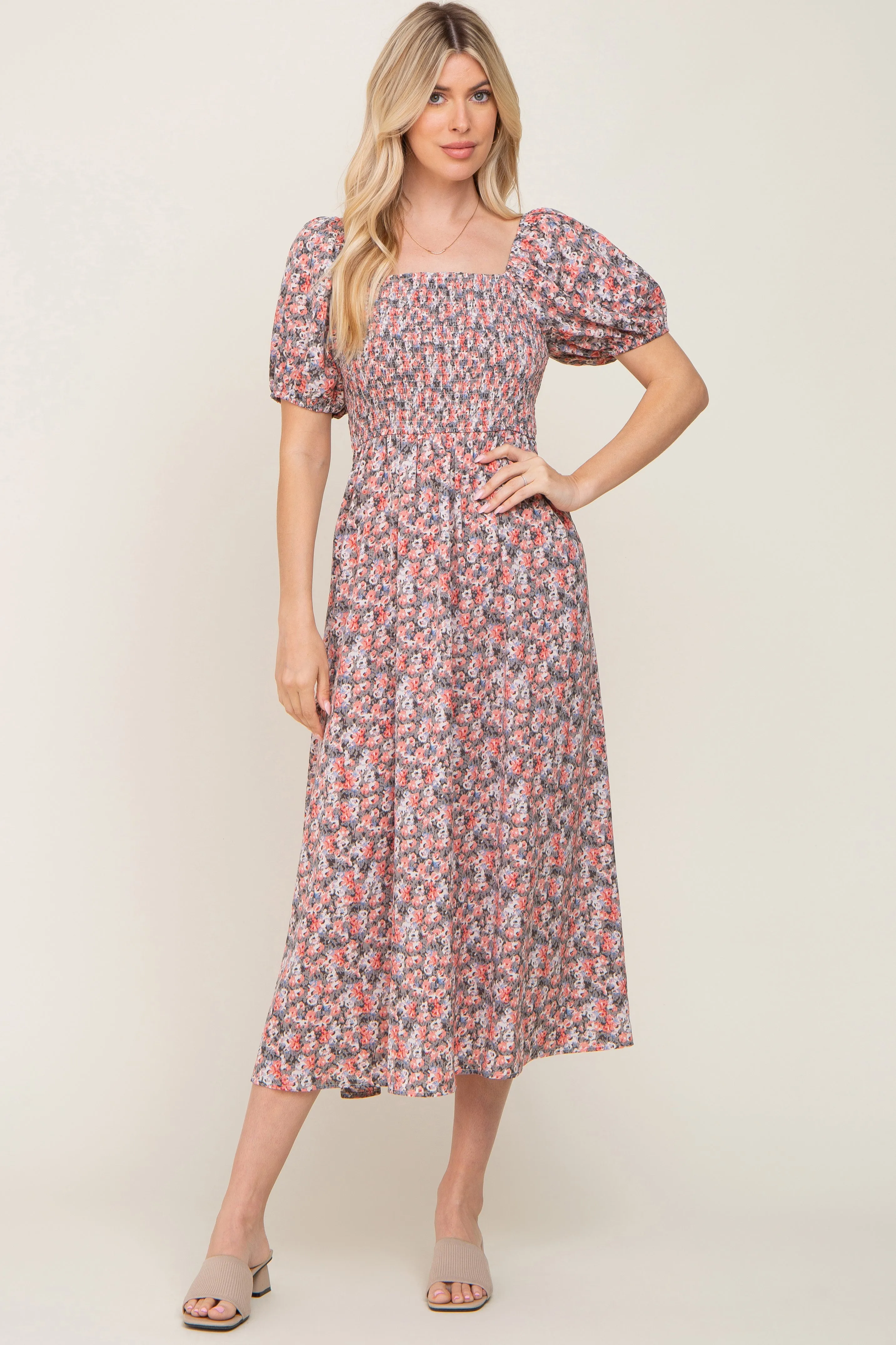 Coral Abstract Floral Smocked Midi Dress sold by Pinkblush