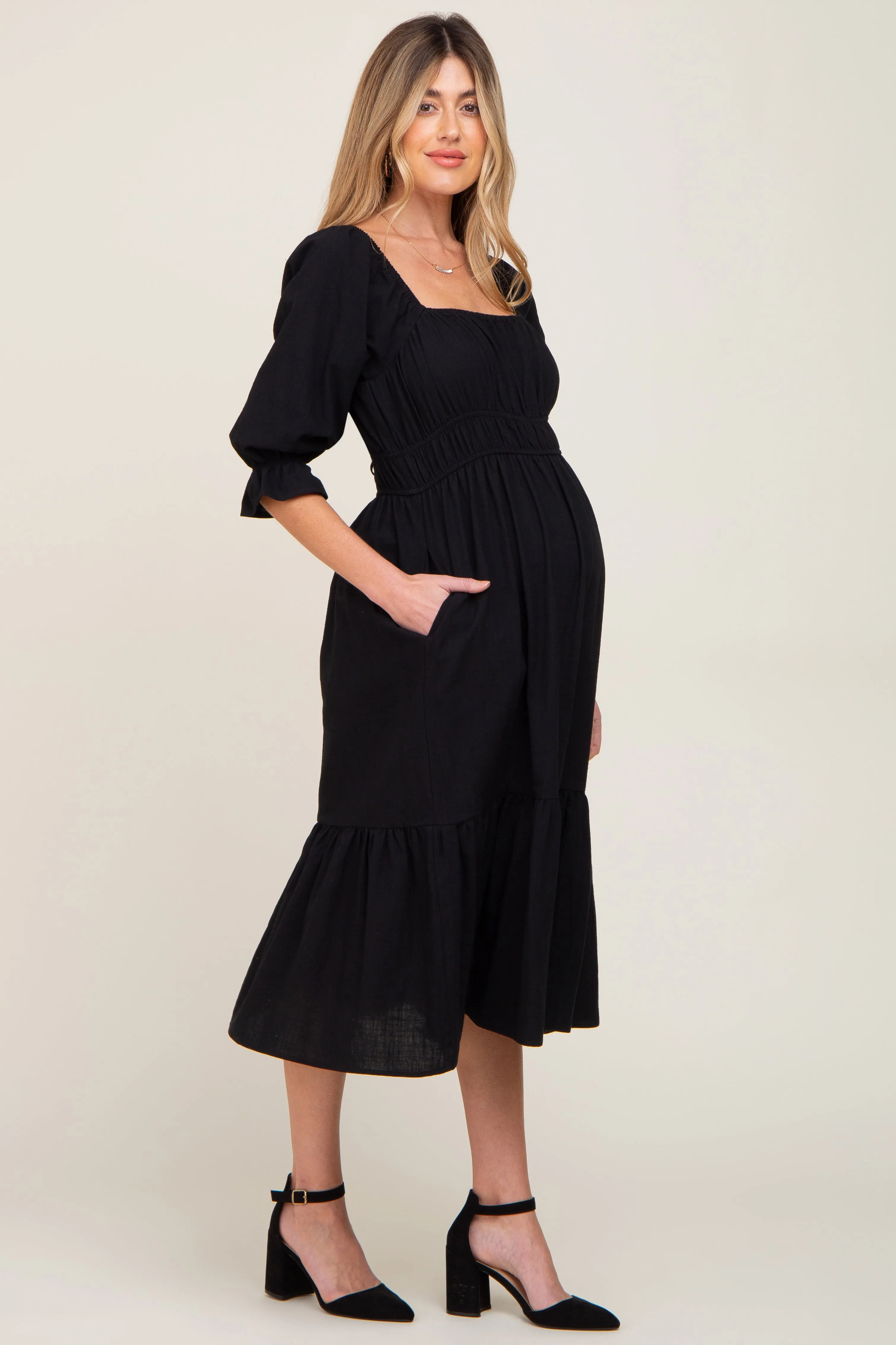 Black Ruffle Strappy Open Back Maternity Midi Dress sold by Pinkblush product image thumbnail 2