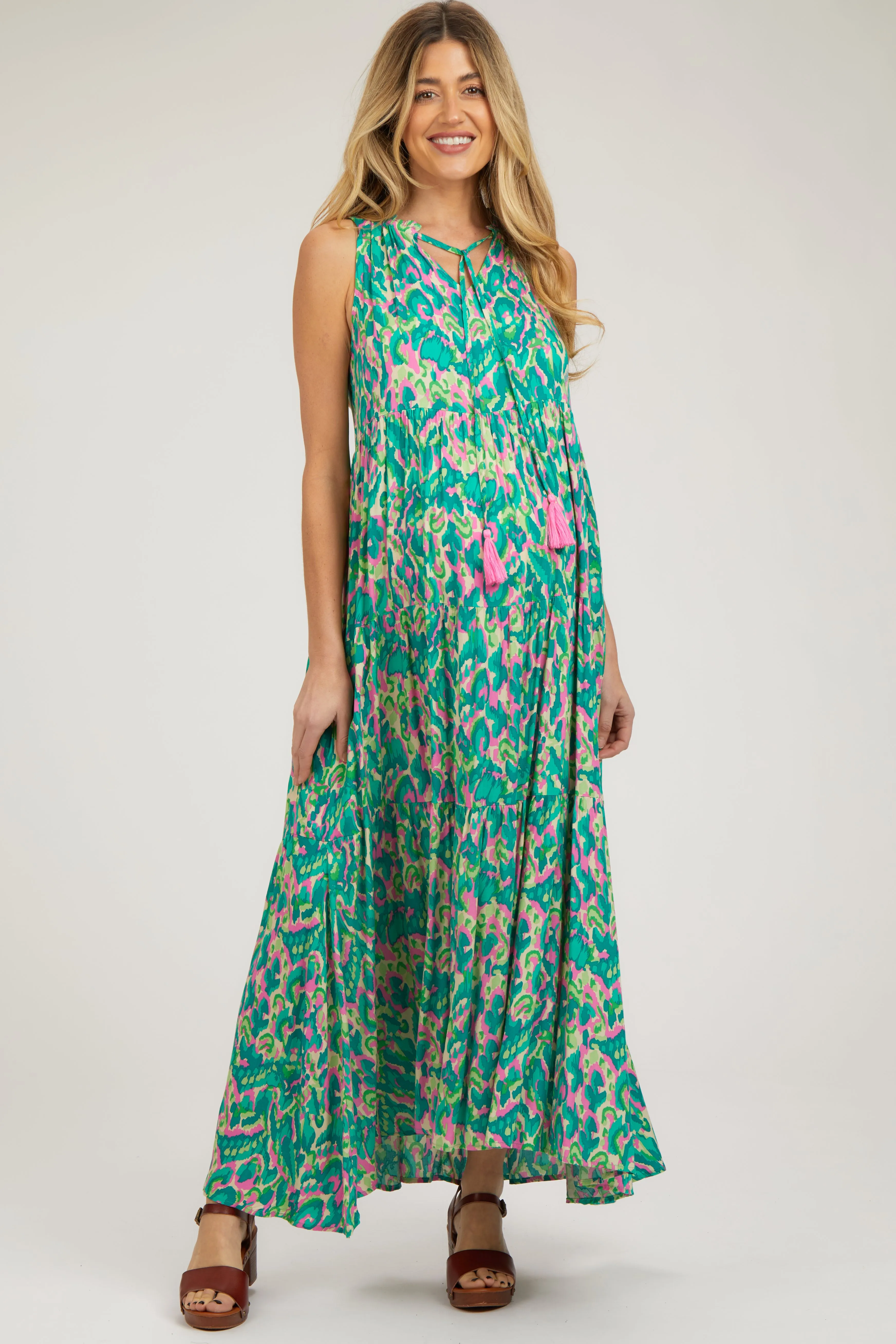 Green Sleeveless V-Neck Ruffle Neck Tiered Maternity Maxi Dress sold by Pinkblush