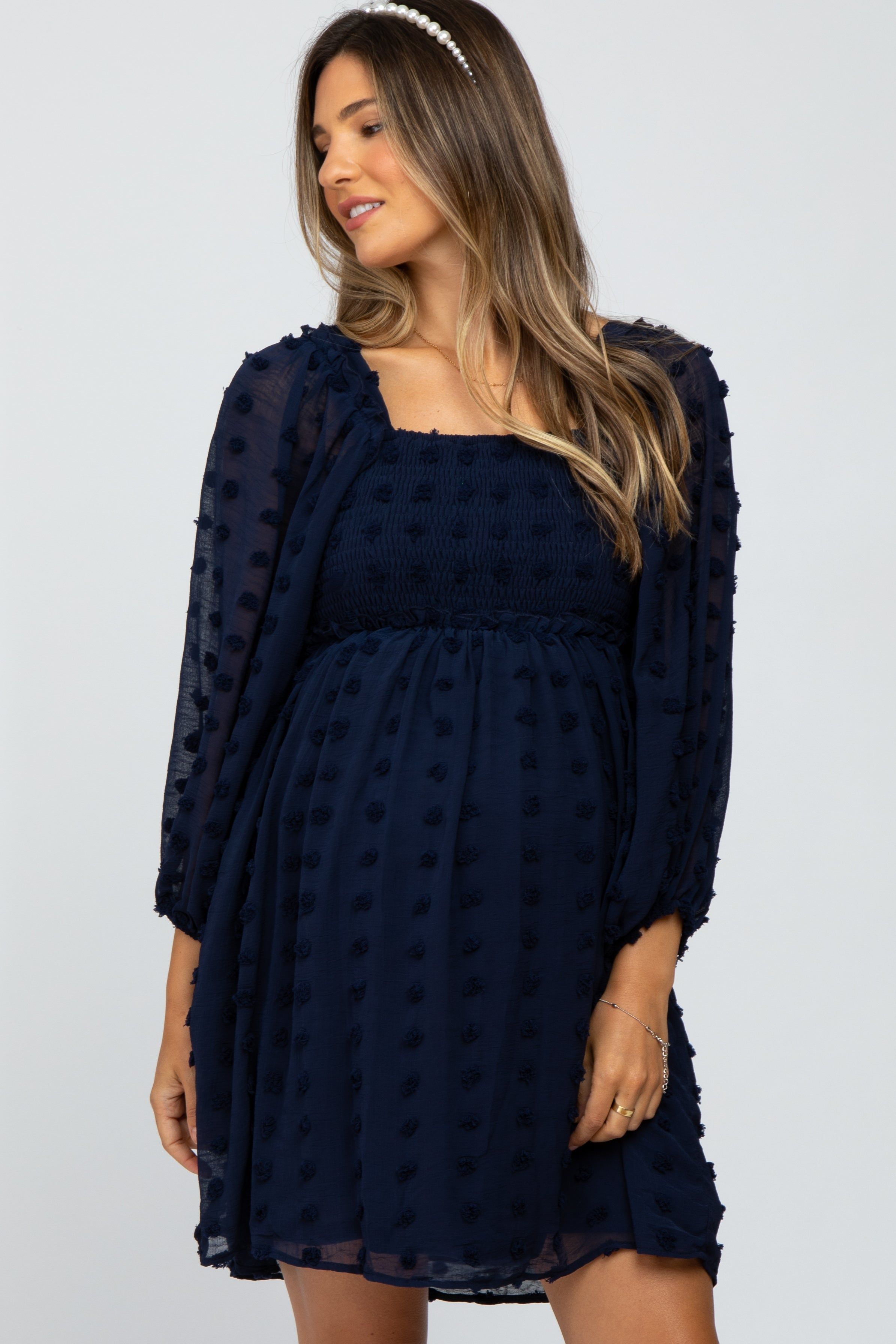 Navy Textured Dot Smocked Square Neck Chiffon Maternity Dress sold by Pinkblush product image thumbnail 4