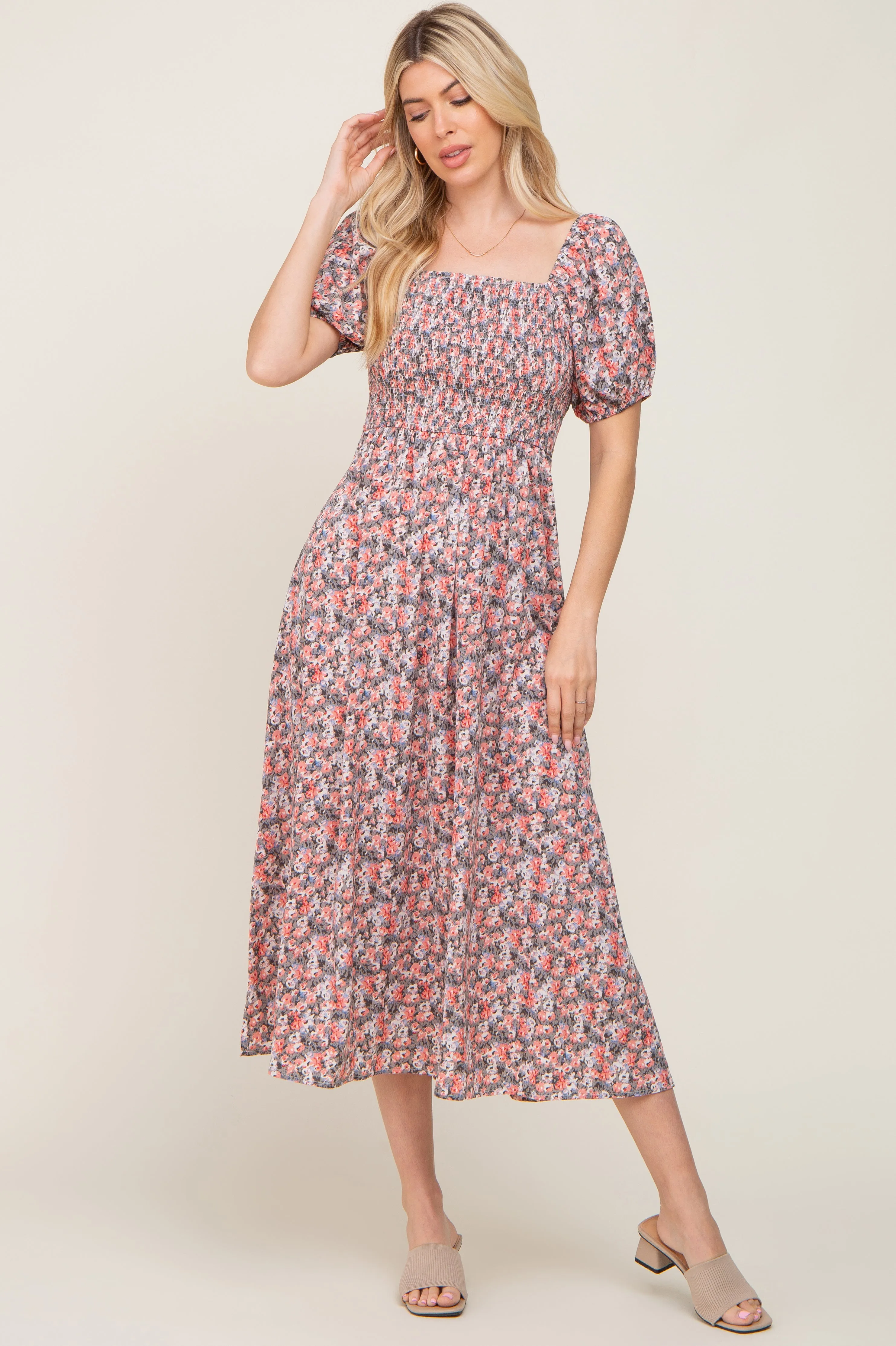 Coral Abstract Floral Smocked Midi Dress sold by Pinkblush product image thumbnail 5