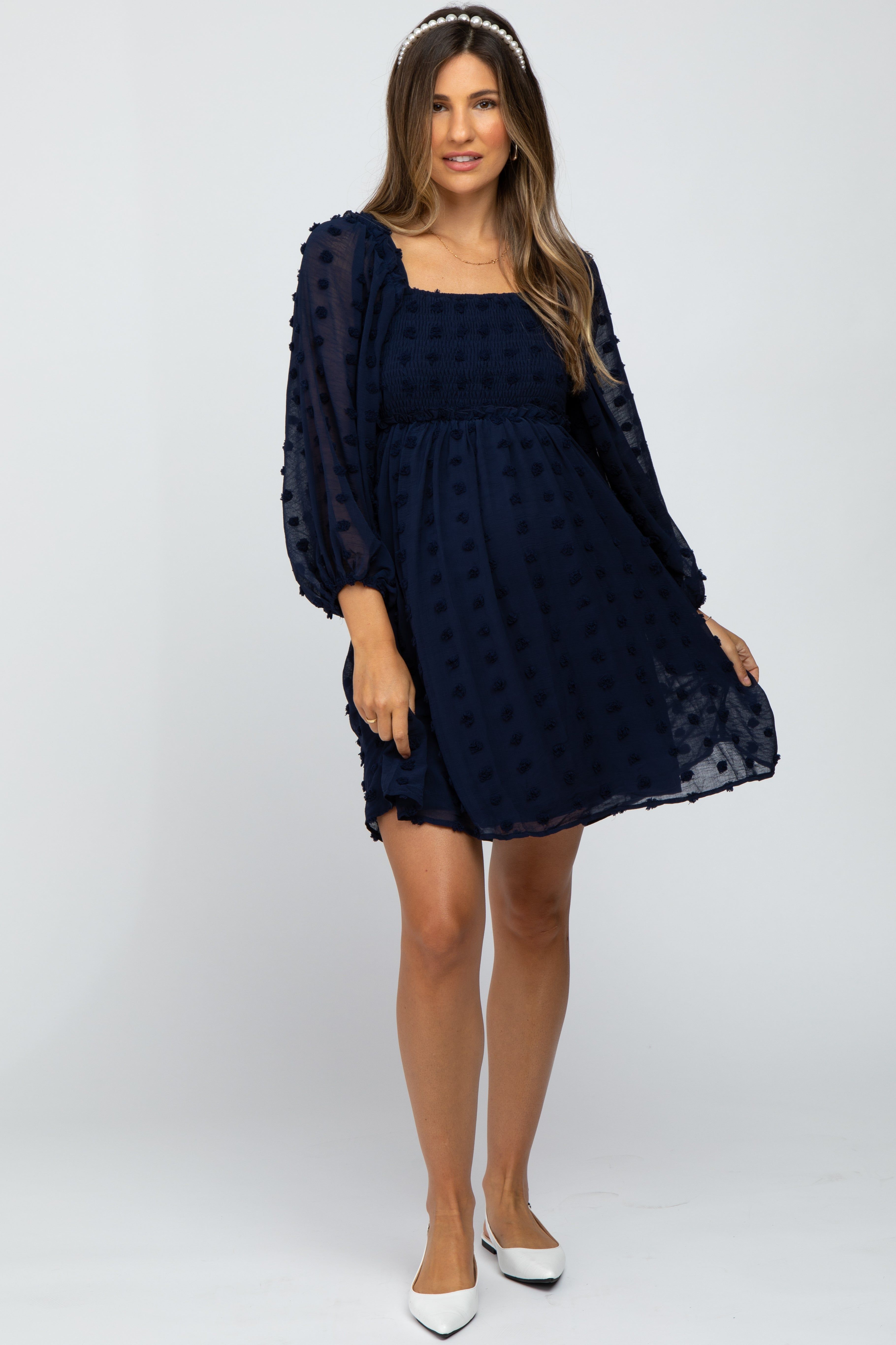 Navy Textured Dot Smocked Square Neck Chiffon Maternity Dress sold by Pinkblush