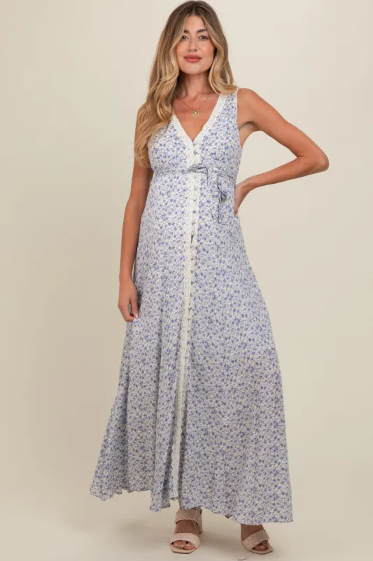 Periwinkle Floral Crochet Trim Button Down Maternity Maxi Dress sold by Pinkblush