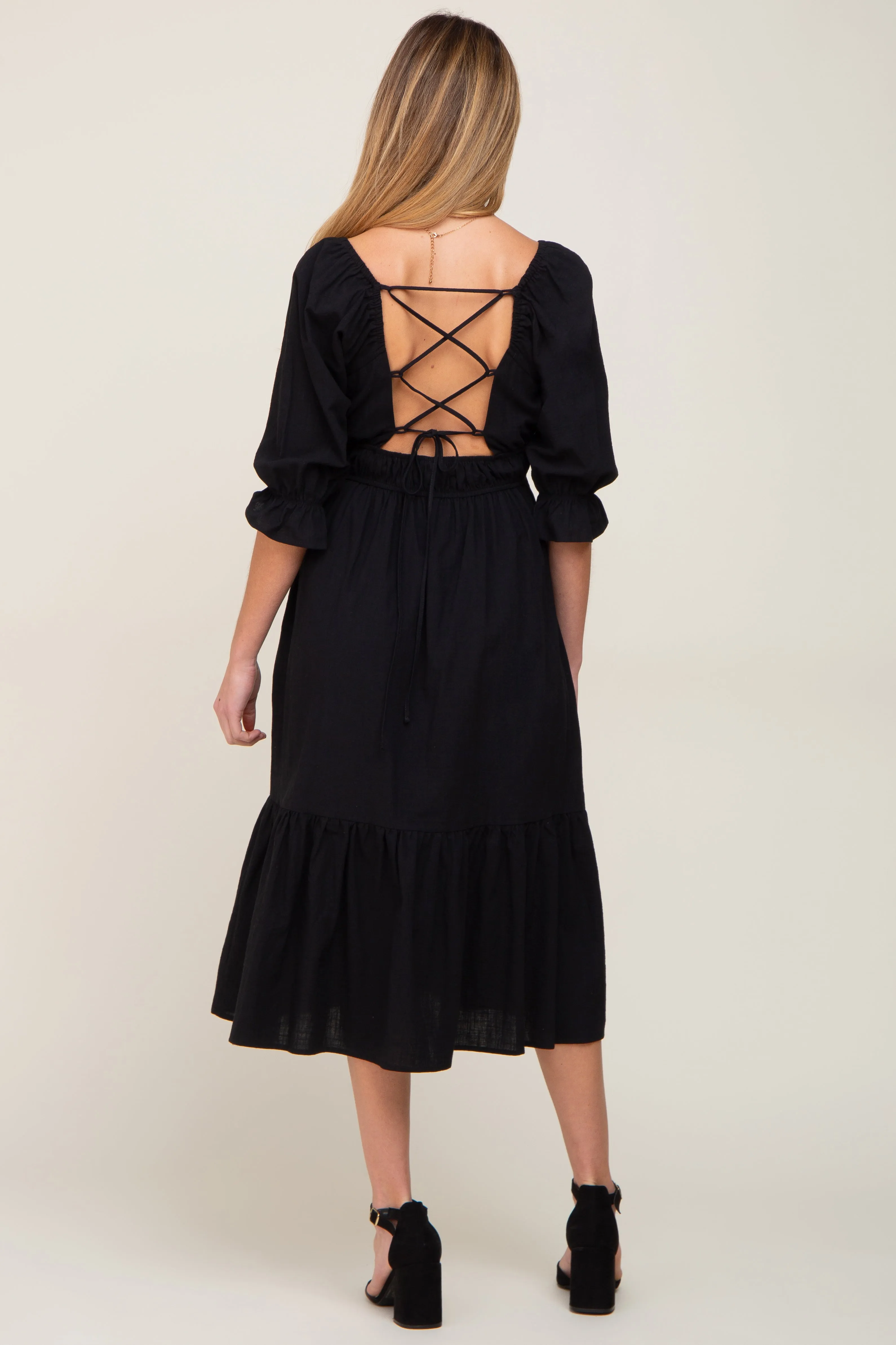 Black Ruffle Strappy Open Back Maternity Midi Dress sold by Pinkblush product image thumbnail 3