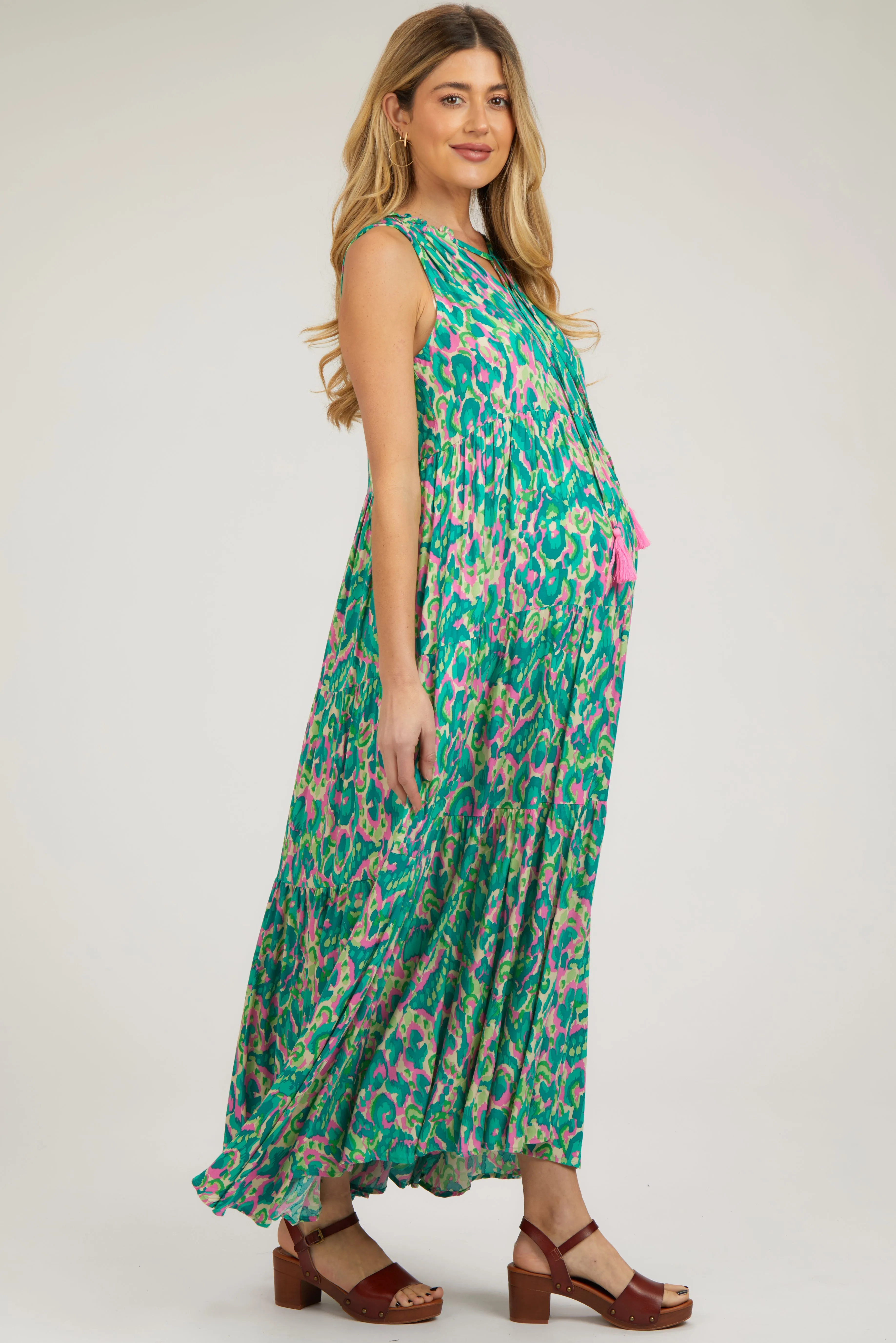 Green Sleeveless V-Neck Ruffle Neck Tiered Maternity Maxi Dress sold by Pinkblush product image thumbnail 2