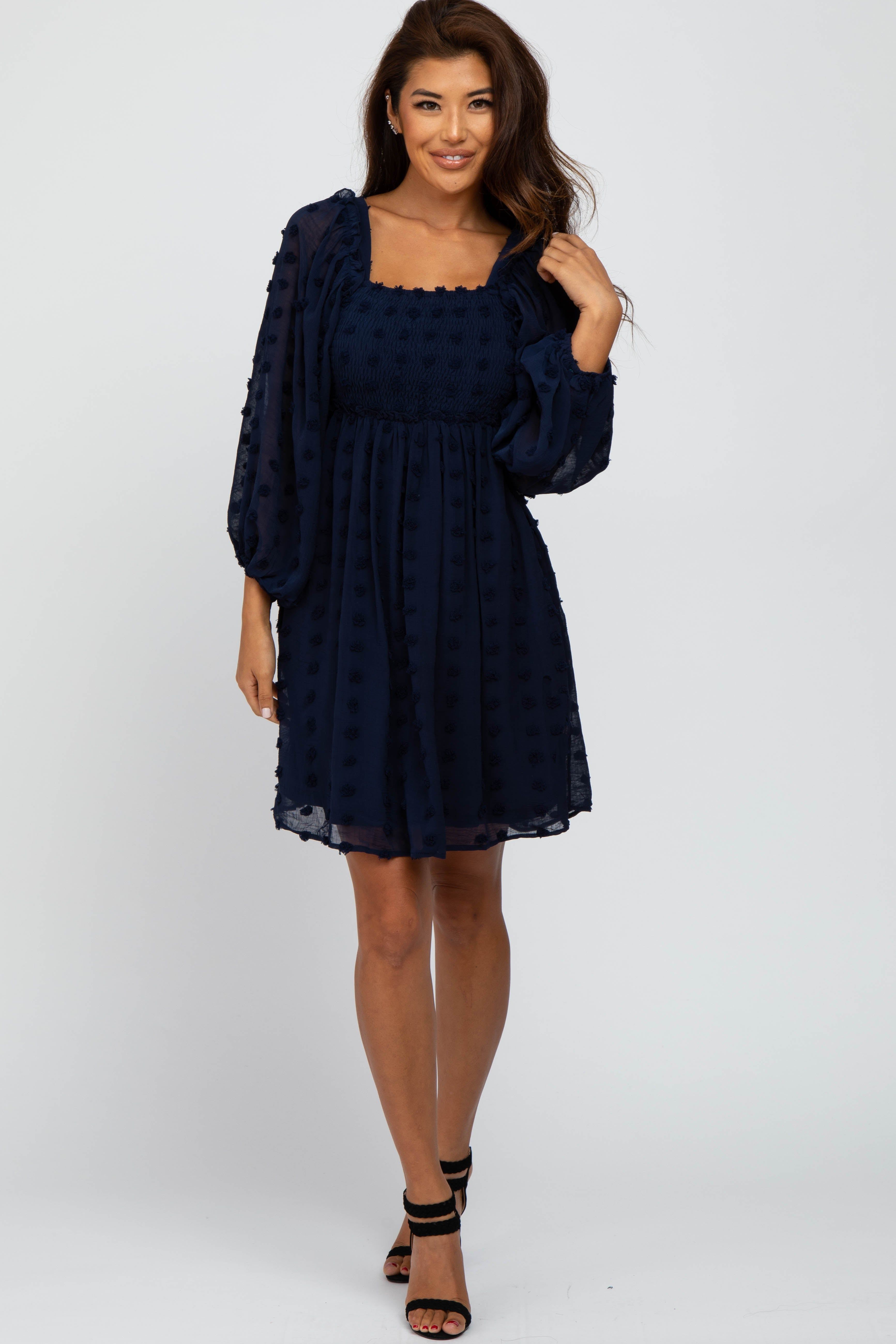 Navy Textured Dot Smocked Square Neck Chiffon Maternity Dress sold by Pinkblush product image thumbnail 5