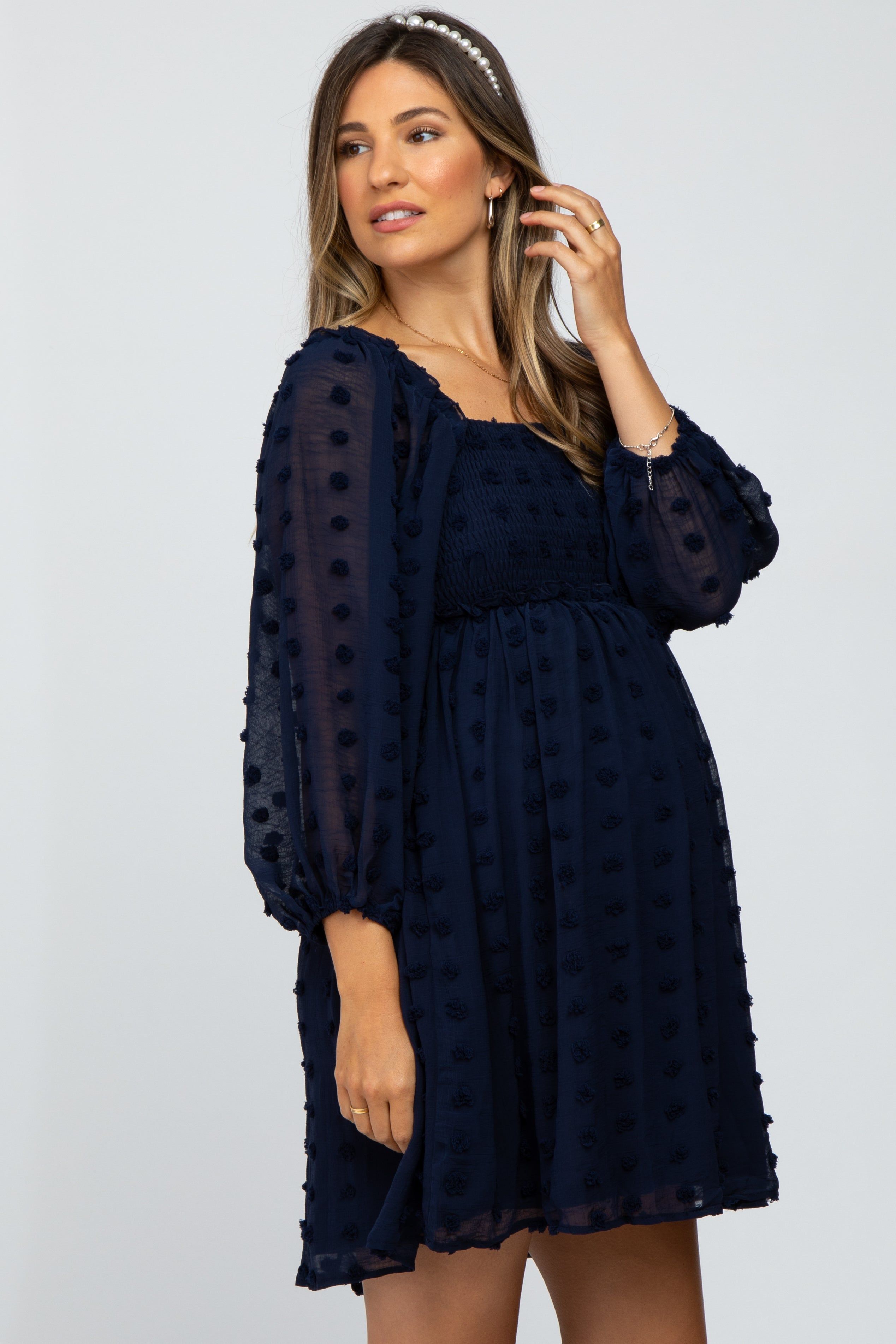 Navy Textured Dot Smocked Square Neck Chiffon Maternity Dress sold by Pinkblush product image thumbnail 2