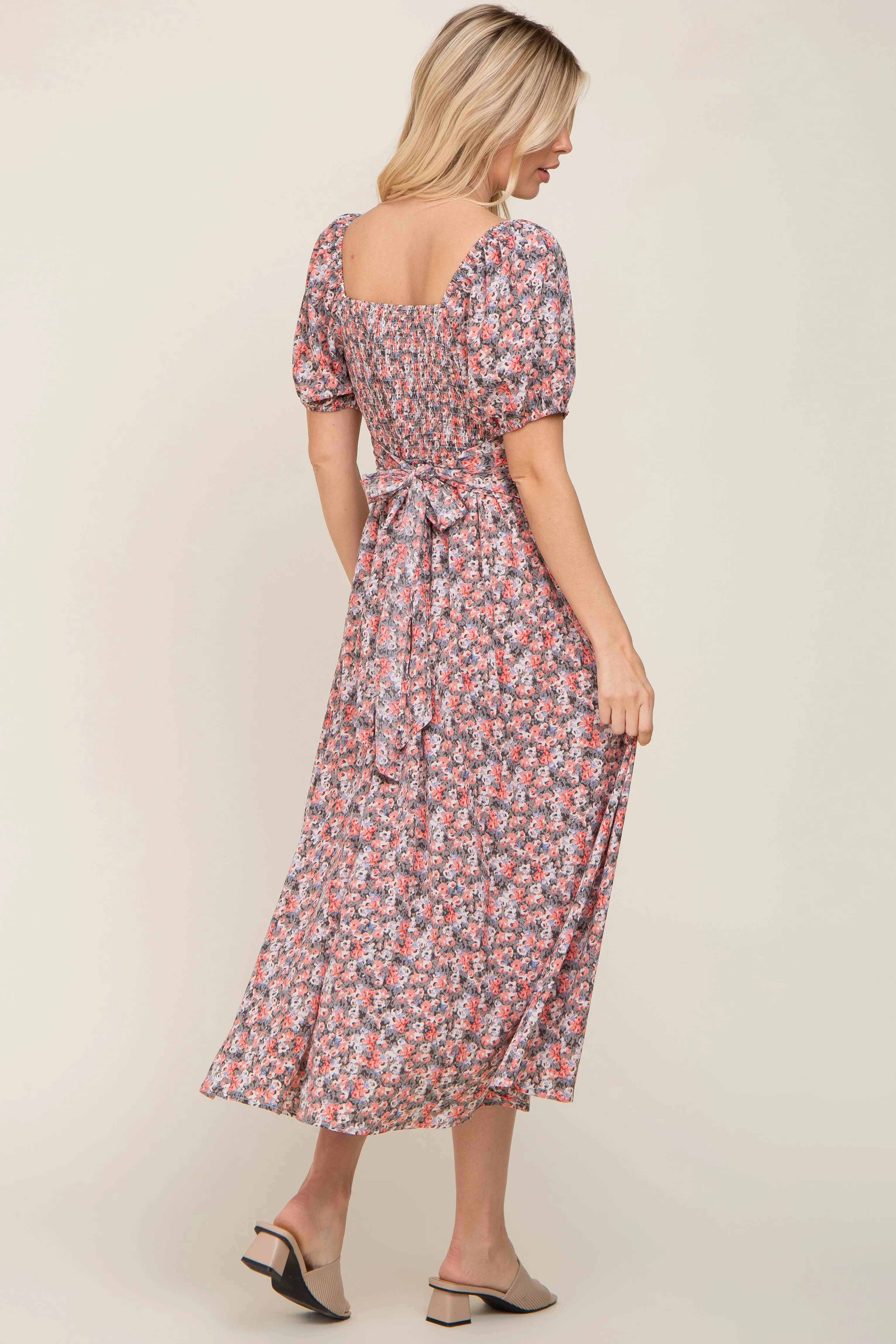 Coral Abstract Floral Smocked Midi Dress sold by Pinkblush product image thumbnail 3