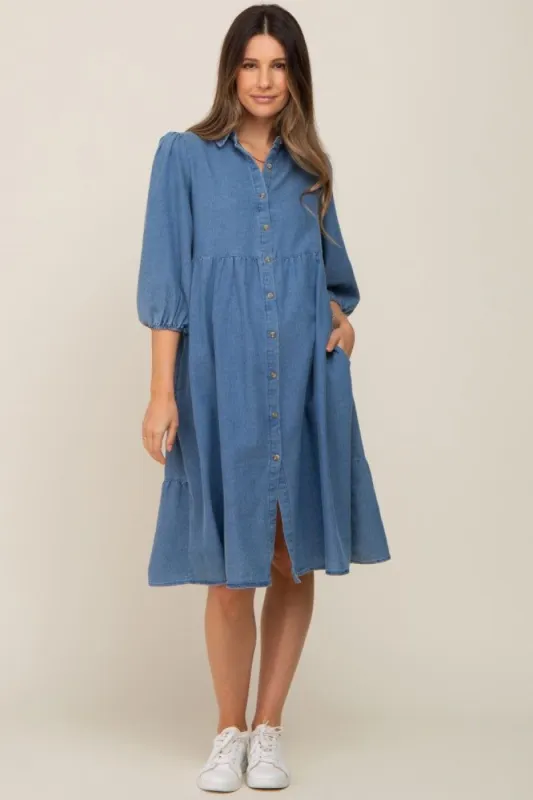 Blue Chambray Button Front Maternity Dress sold by Pinkblush
