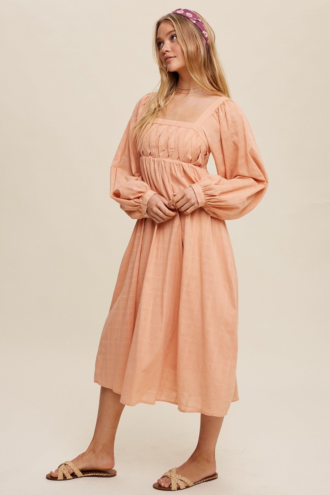 Peach Criss Cross Front Square Neck Long Sleeve Midi Dress sold by Pinkblush product image thumbnail 2