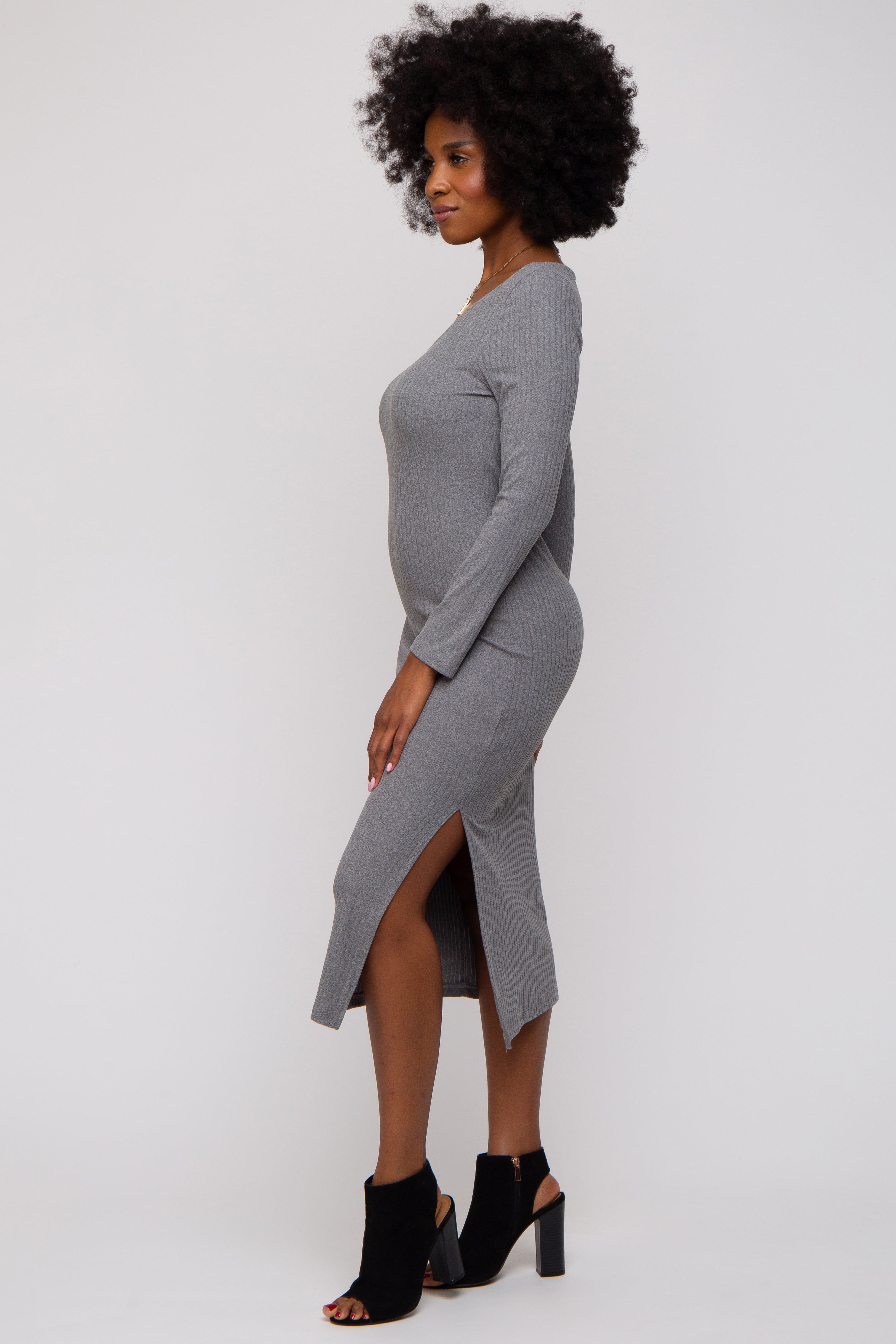 Charcoal Ribbed Side Slit Midi Dress sold by Pinkblush product image thumbnail 3
