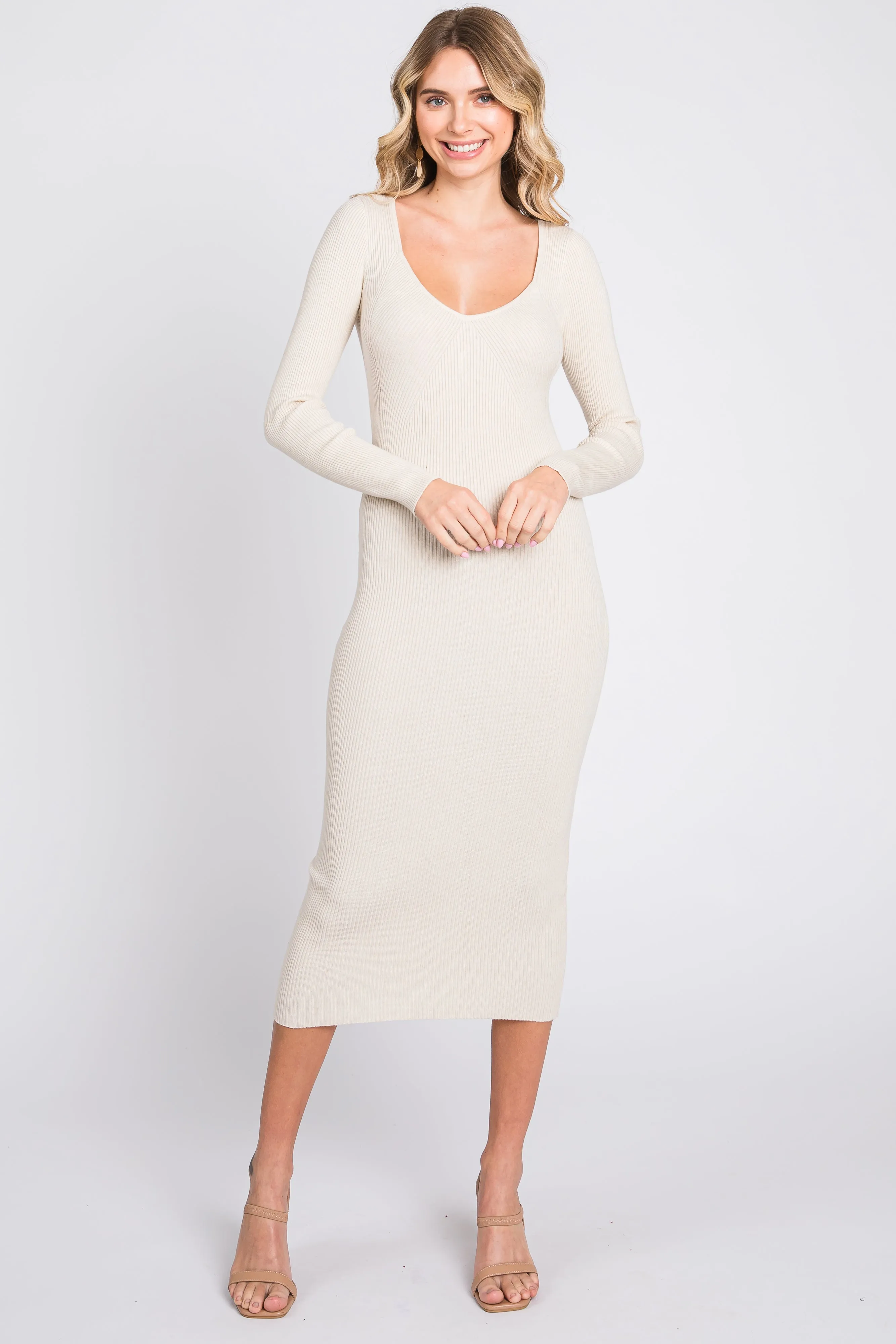 Cream Ribbed Long Sleeve Maternity Midi Dress sold by Pinkblush product image thumbnail 5