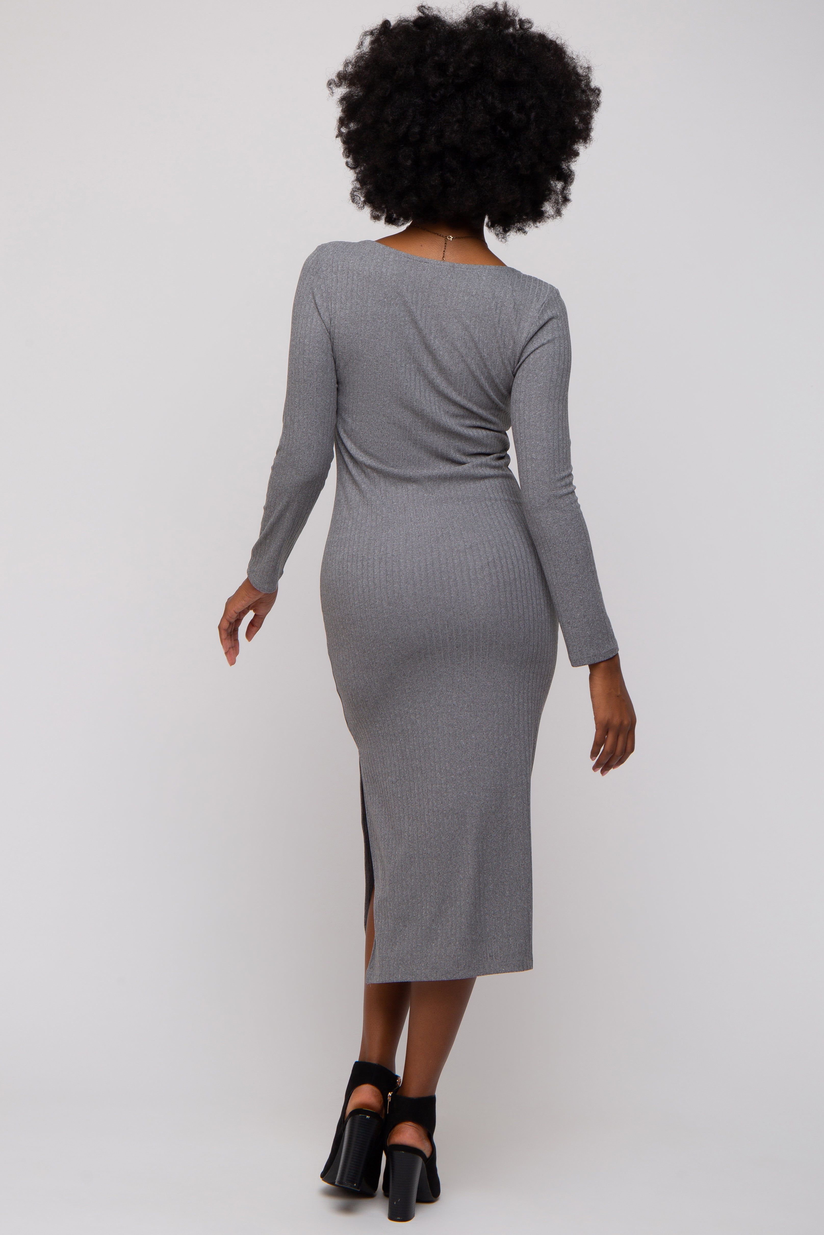 Charcoal Ribbed Side Slit Midi Dress sold by Pinkblush product image thumbnail 4