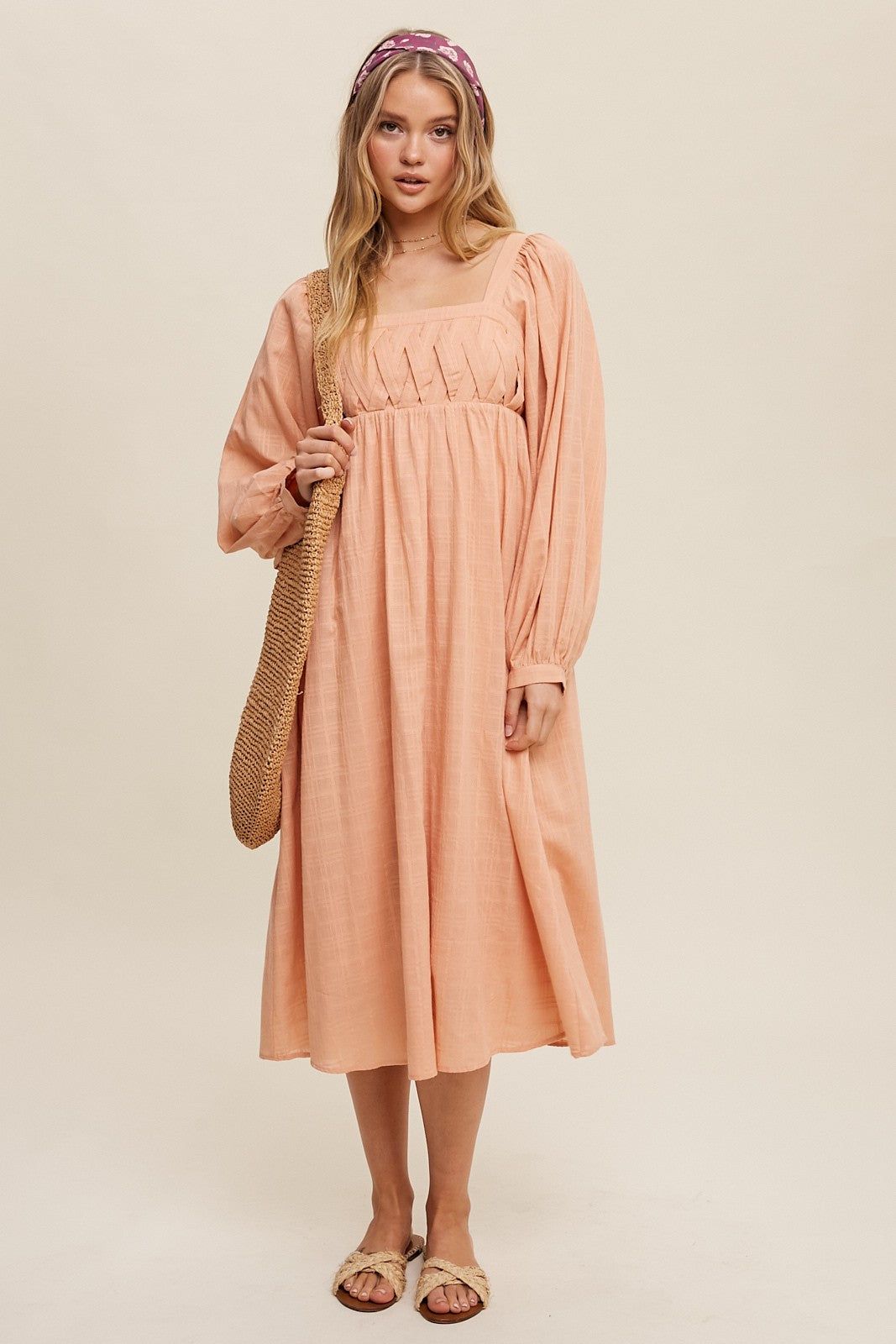 Peach Criss Cross Front Square Neck Long Sleeve Midi Dress sold by Pinkblush product image thumbnail 4