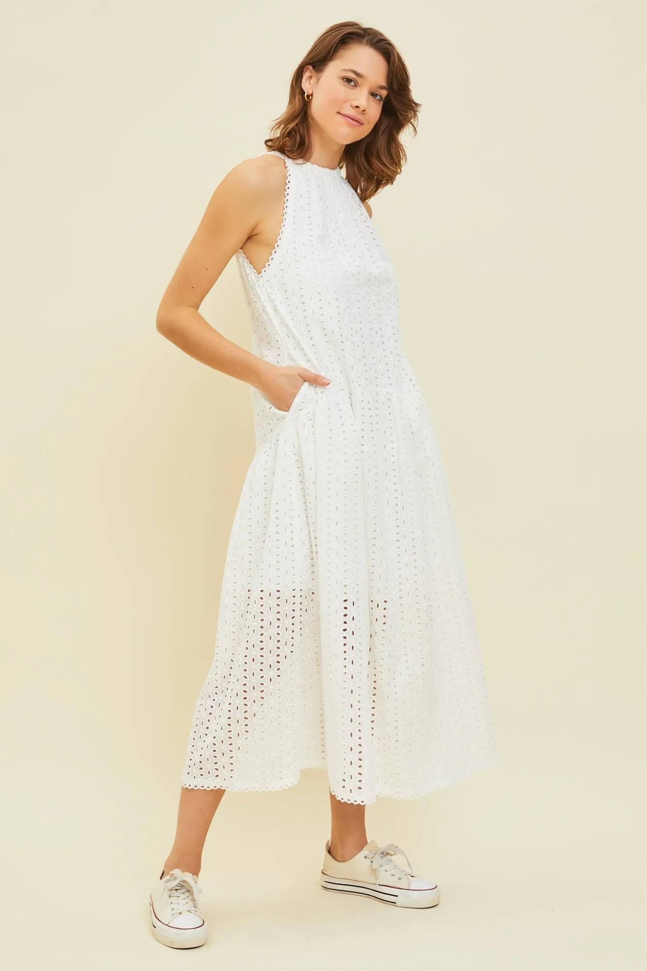 White Sleeveless Drop Waist Eyelet Dress sold by Pinkblush product image thumbnail 2