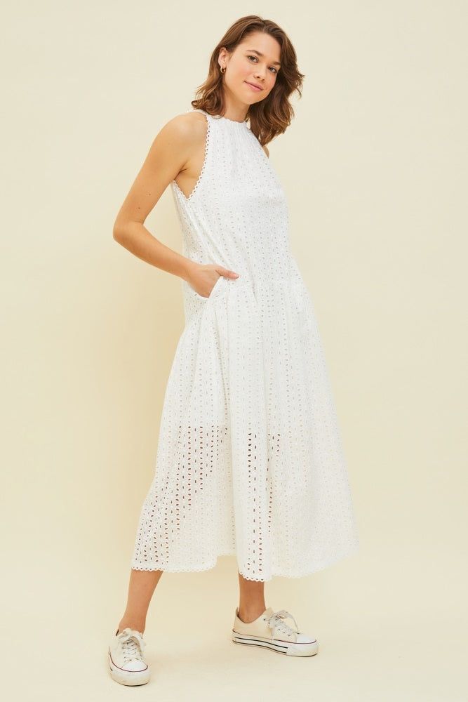 White Sleeveless Drop Waist Eyelet Dress sold by Pinkblush product image thumbnail 2