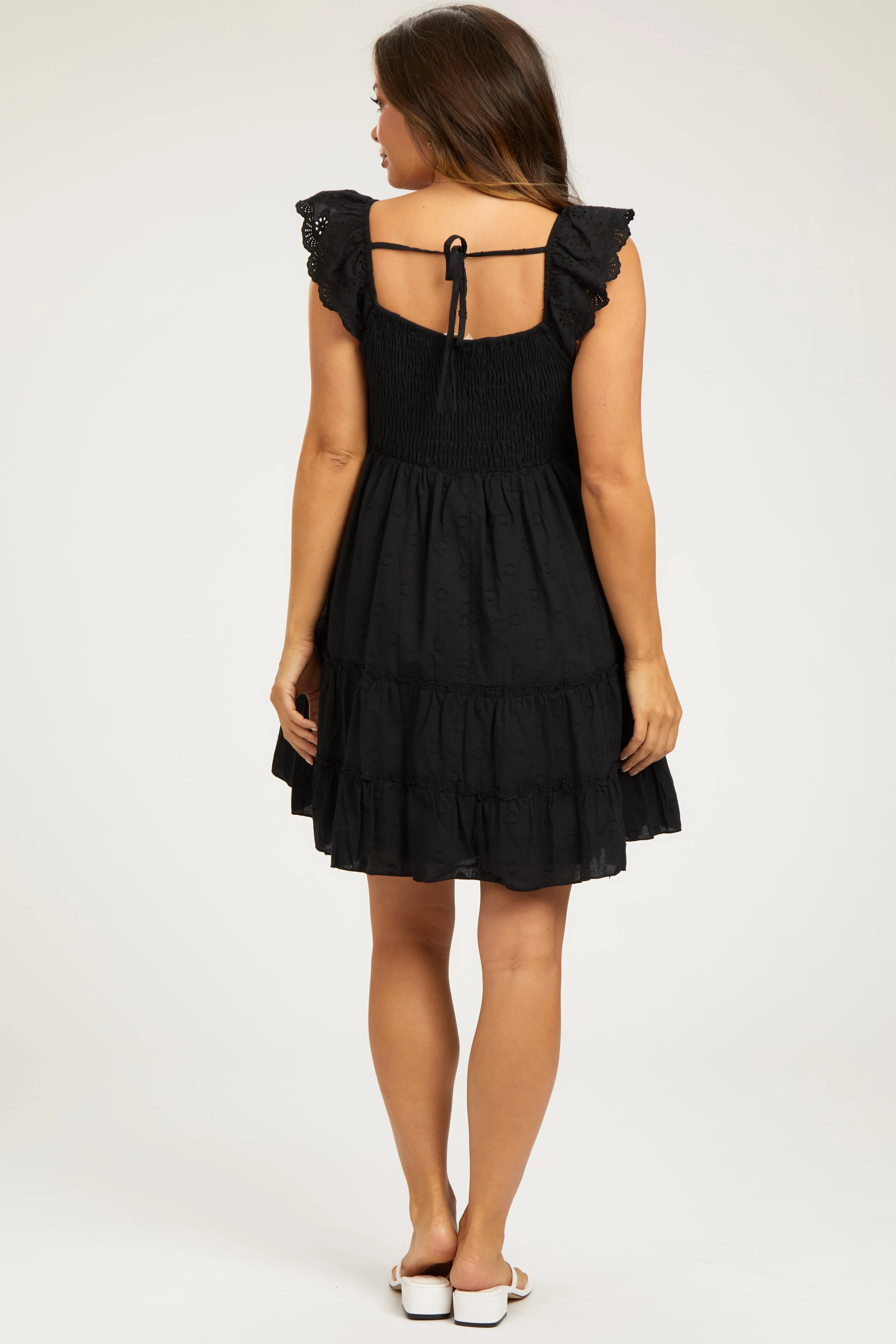 Black Textured Polka Dot Eyelet Shoulder V-Neck Maternity Dress sold by Pinkblush product image thumbnail 3