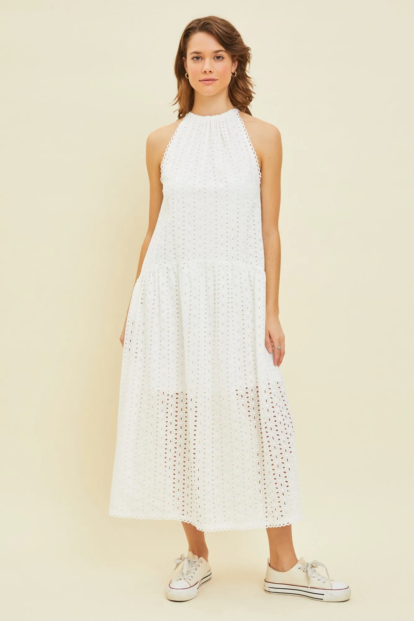 White Sleeveless Drop Waist Eyelet Dress sold by Pinkblush