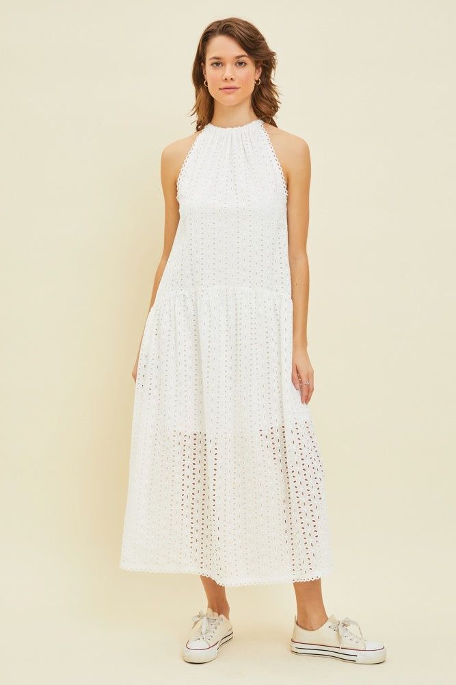 White Sleeveless Drop Waist Eyelet Dress sold by Pinkblush