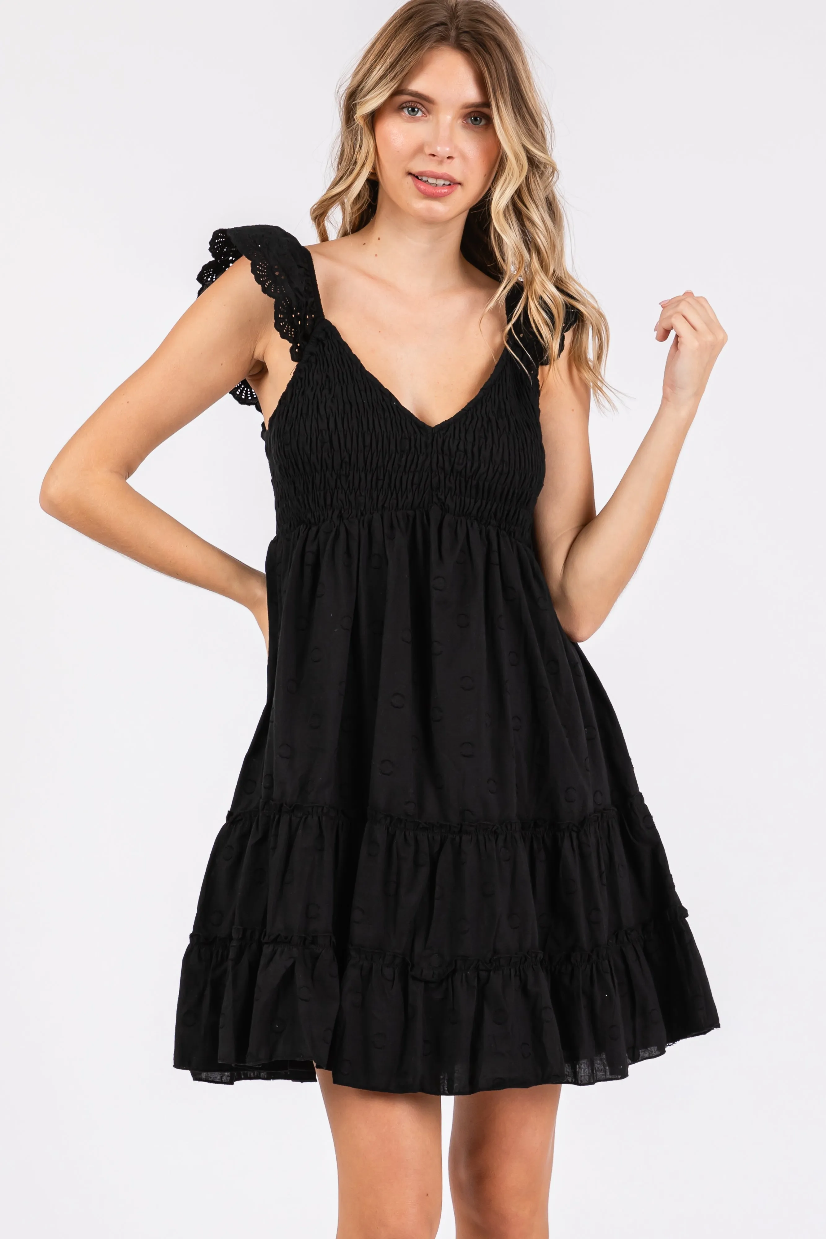 Black Textured Polka Dot Eyelet Shoulder V-Neck Maternity Dress sold by Pinkblush product image thumbnail 4