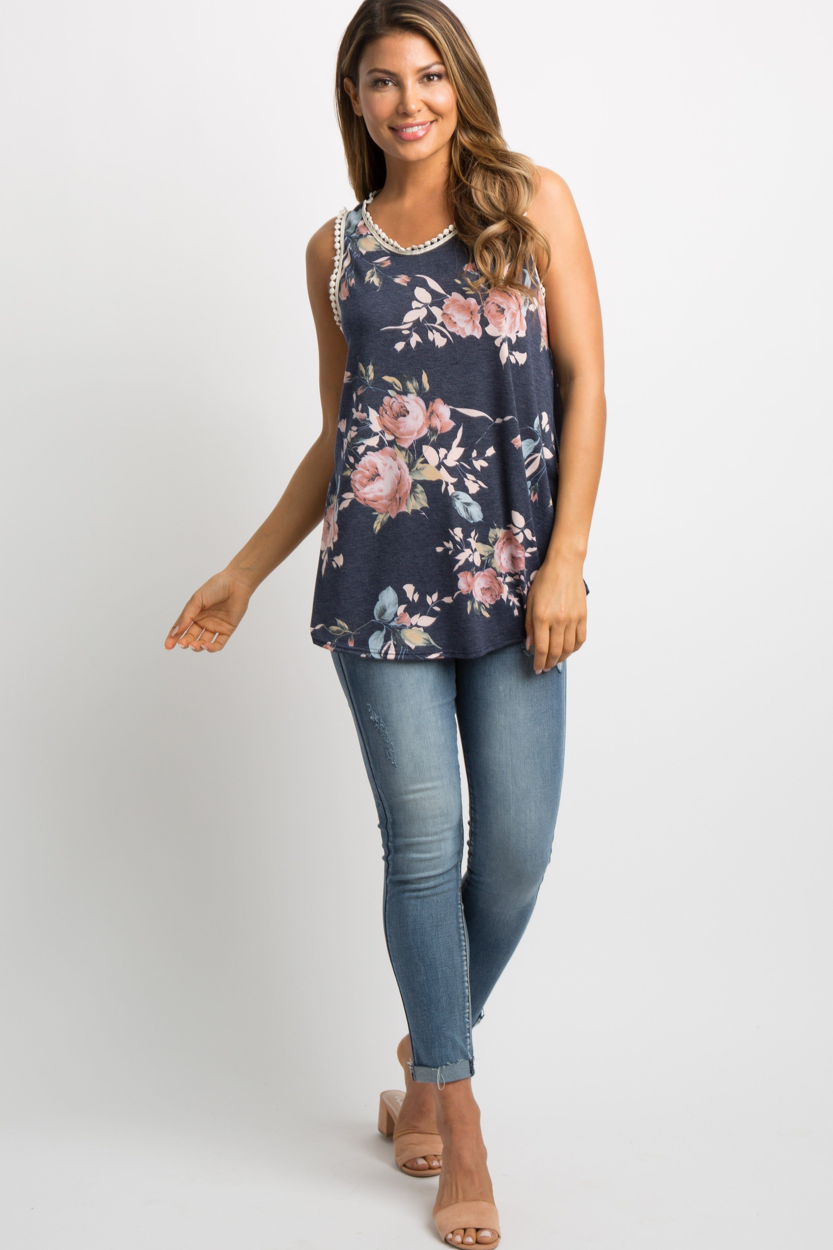 Navy Blue Floral Crochet Trim Sleeveless Top sold by Pinkblush product image thumbnail 4