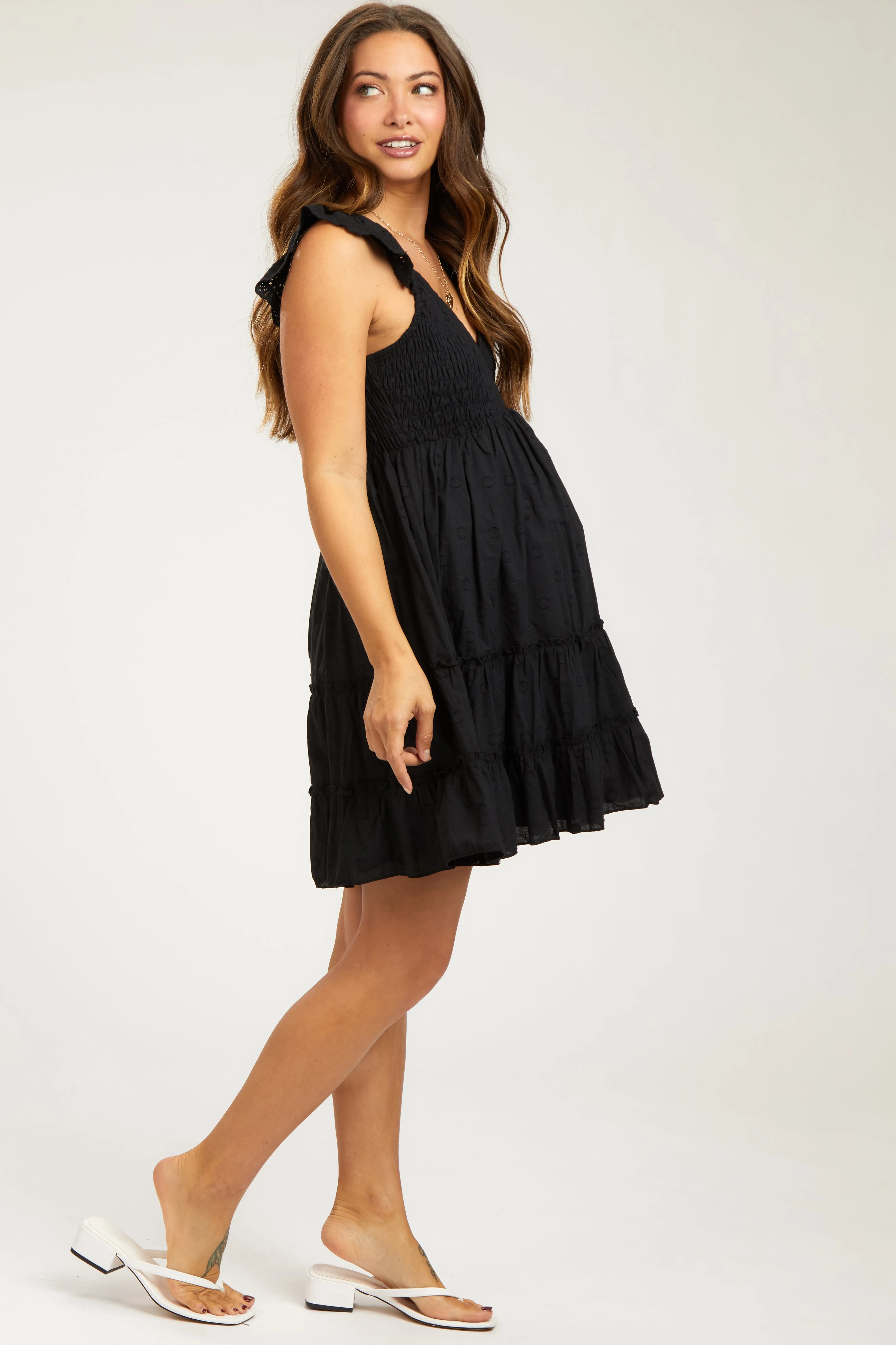 Black Textured Polka Dot Eyelet Shoulder V-Neck Maternity Dress sold by Pinkblush product image thumbnail 2