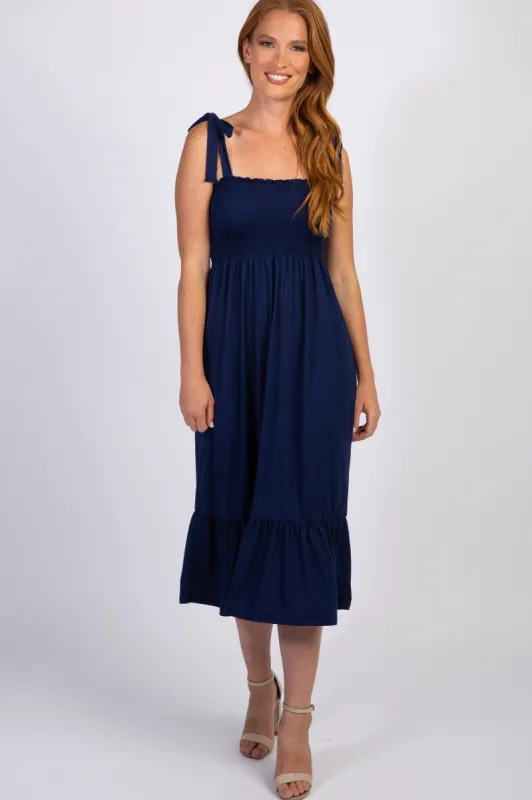 Navy Solid Self-Tie Smocked Midi Dress sold by Pinkblush