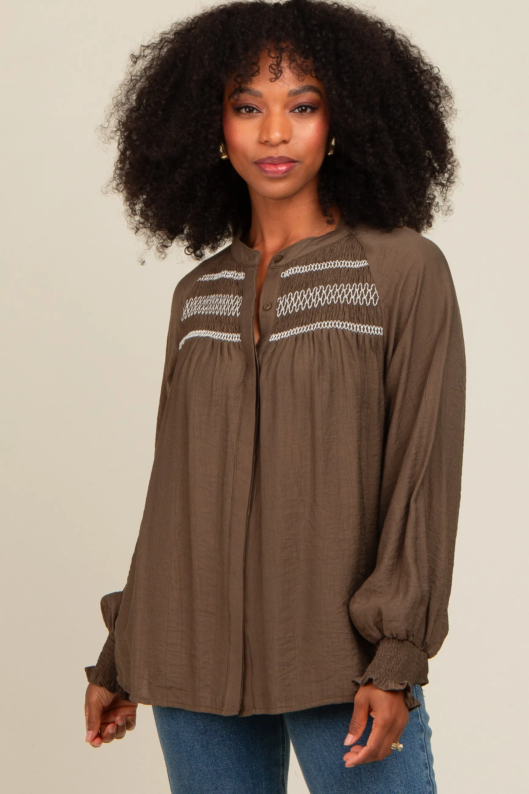 Olive Embroidered Smocked Blouse sold by Pinkblush