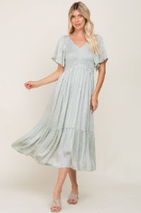 Mint Green Satin Smocked Midi Dress sold by Pinkblush