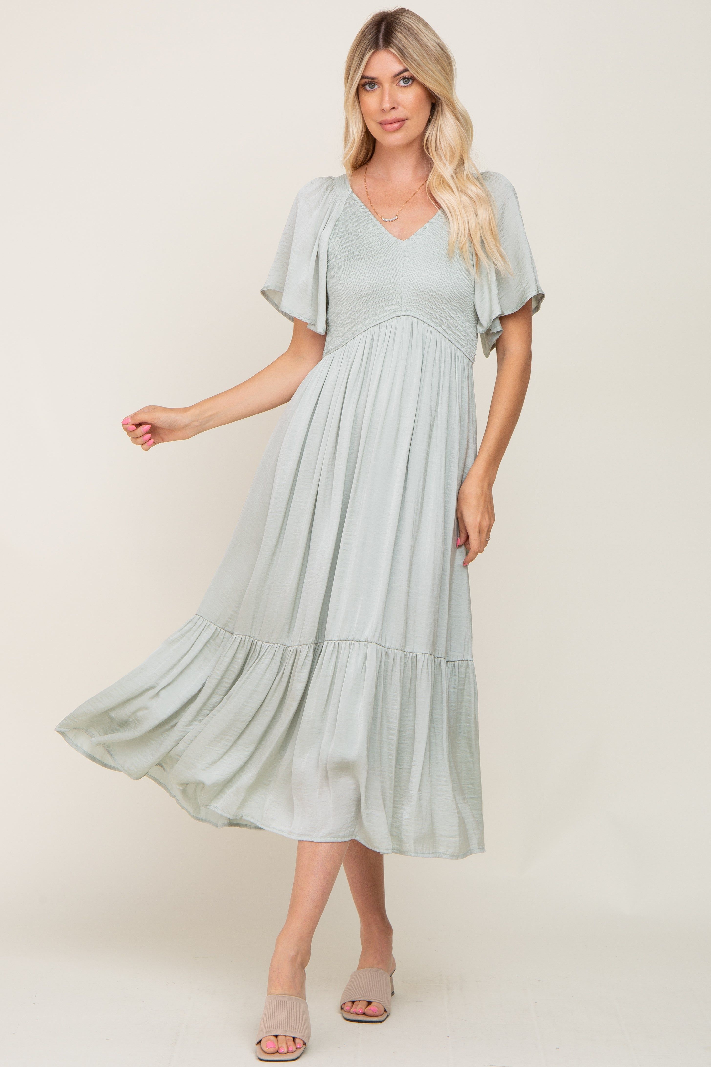 Mint Green Satin Smocked Midi Dress sold by Pinkblush