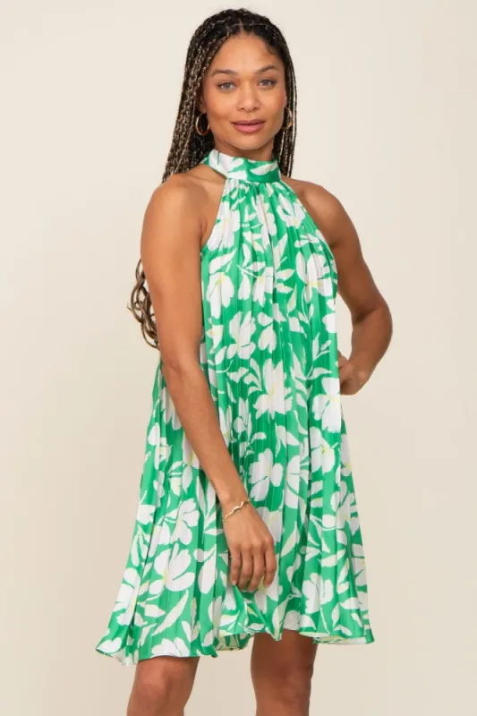 Green Floral Pleated Mock Neck Dress sold by Pinkblush