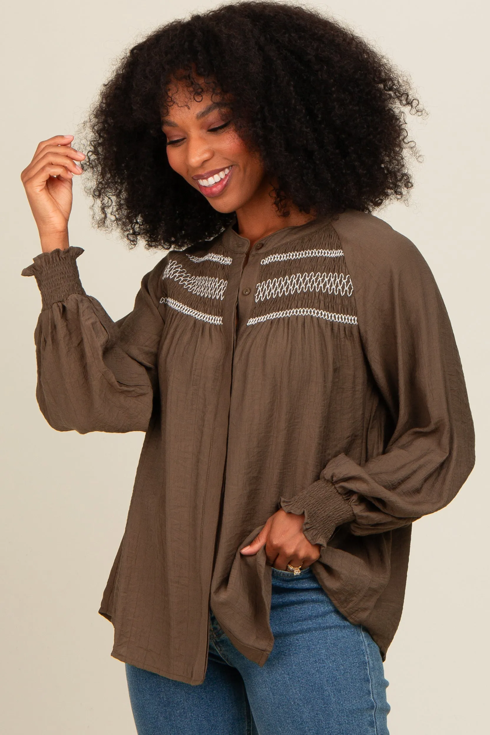 Olive Embroidered Smocked Blouse sold by Pinkblush product image thumbnail 2