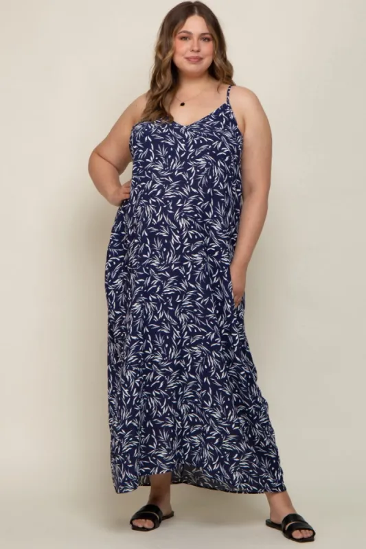 Navy Leaf Print Double V-Neck Maternity Plus Maxi Dress sold by Pinkblush
