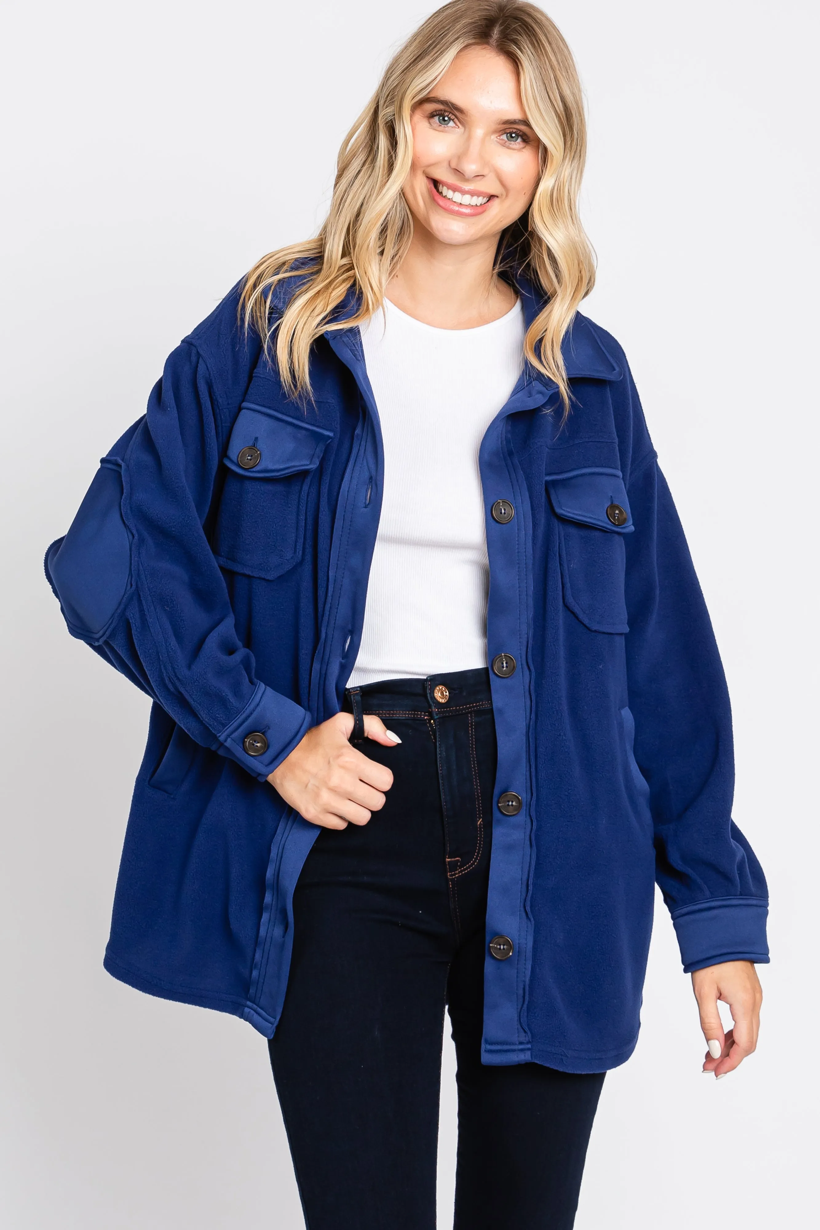 Navy Blue Fleece Double Front Pocket Jacket sold by Pinkblush