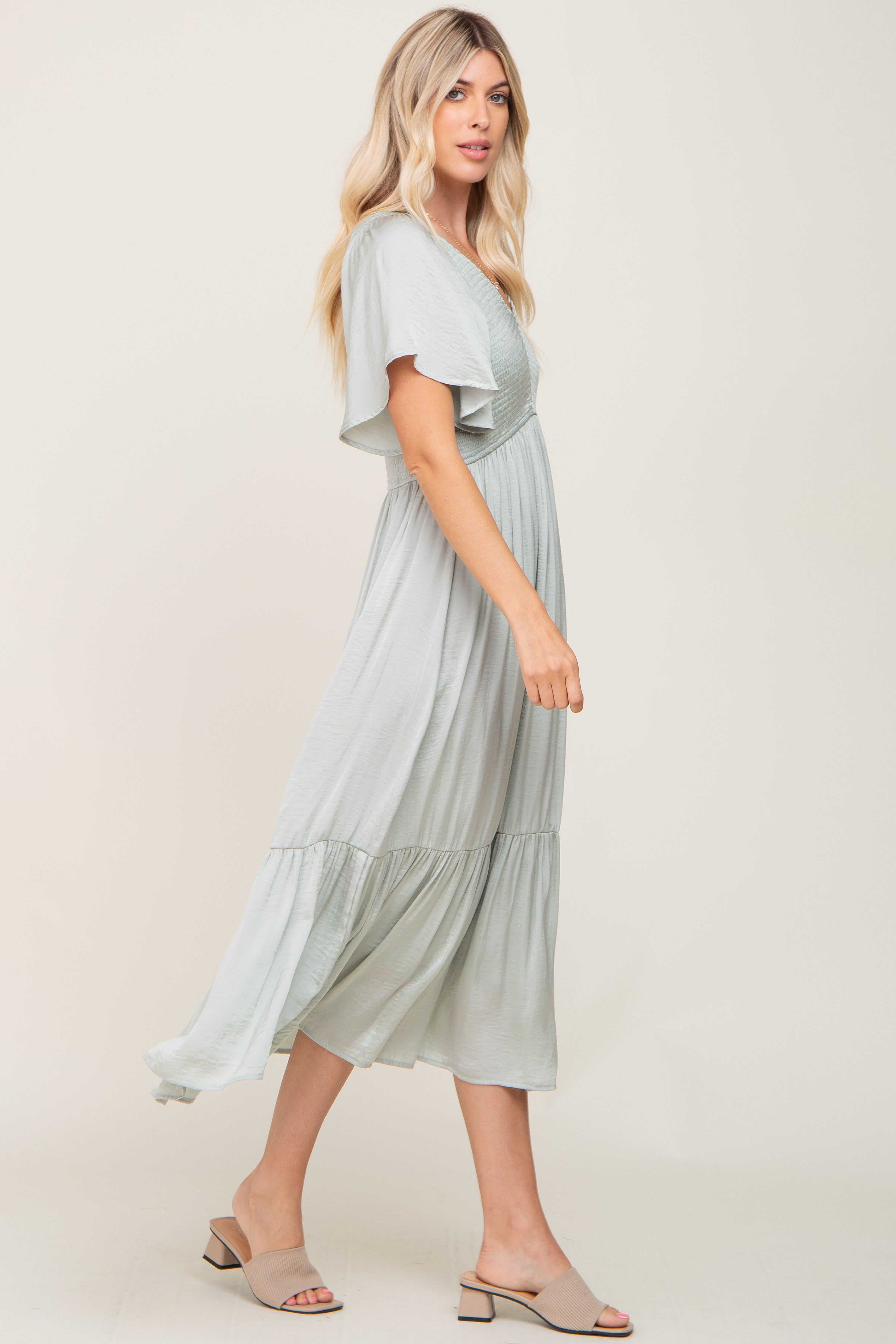 Mint Green Satin Smocked Midi Dress sold by Pinkblush product image thumbnail 2