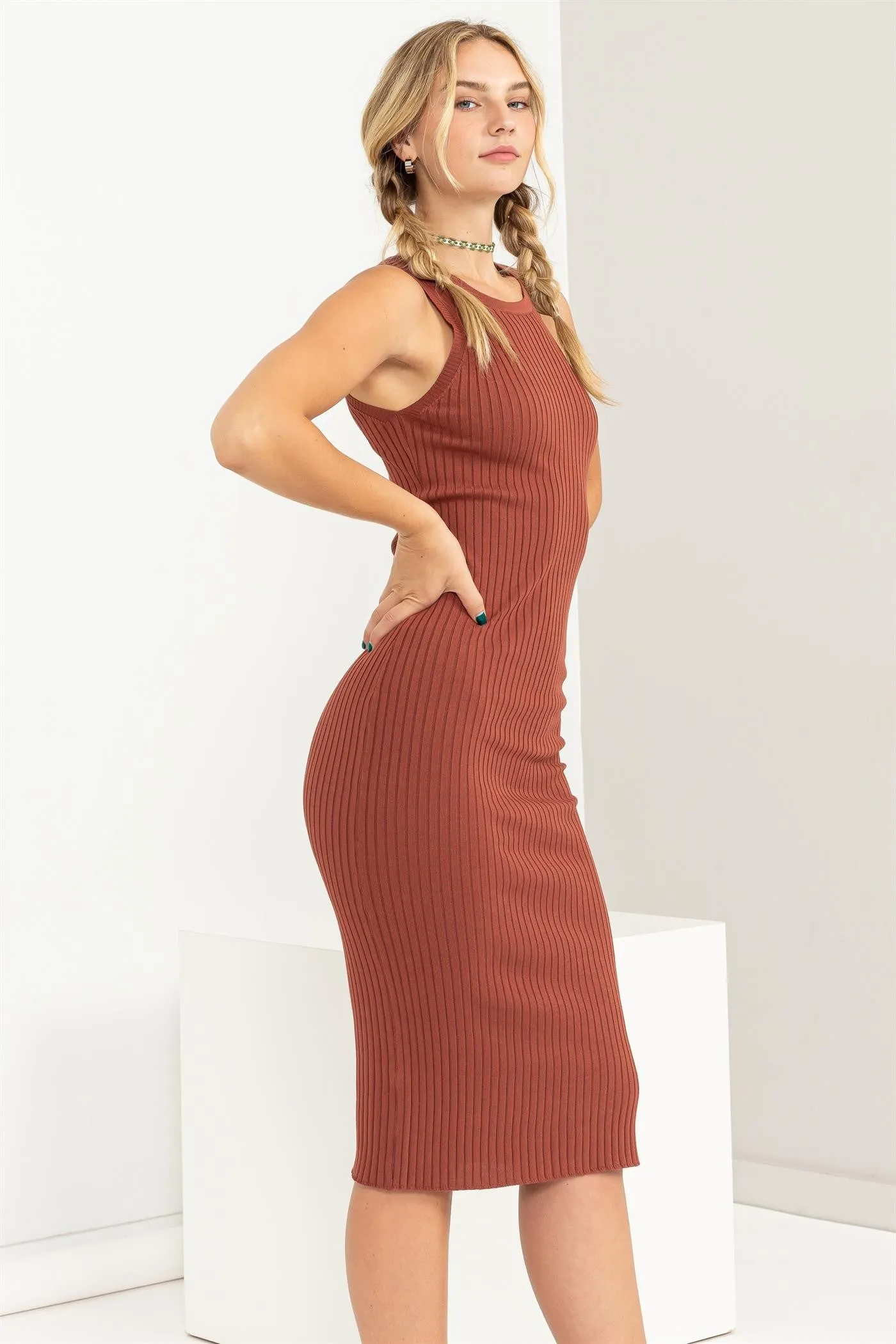 Rust Sleeveless Ribbed Midi Dress sold by Pinkblush product image thumbnail 2